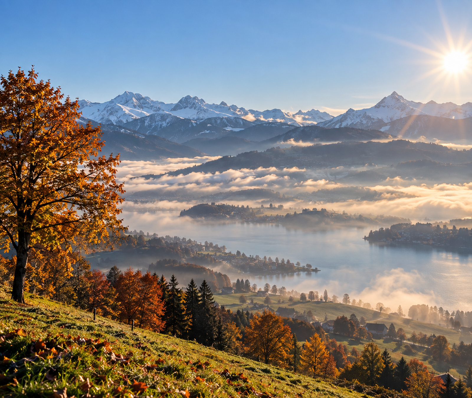 Broad European mountain and lake landscape in early autumn sunshine with morning mist