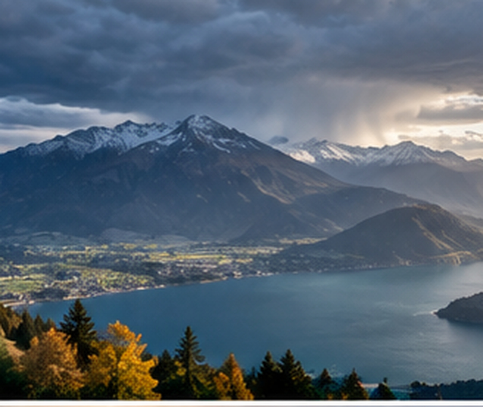 European mountain lake landscape with dark clouds on one side and sunshine on the other