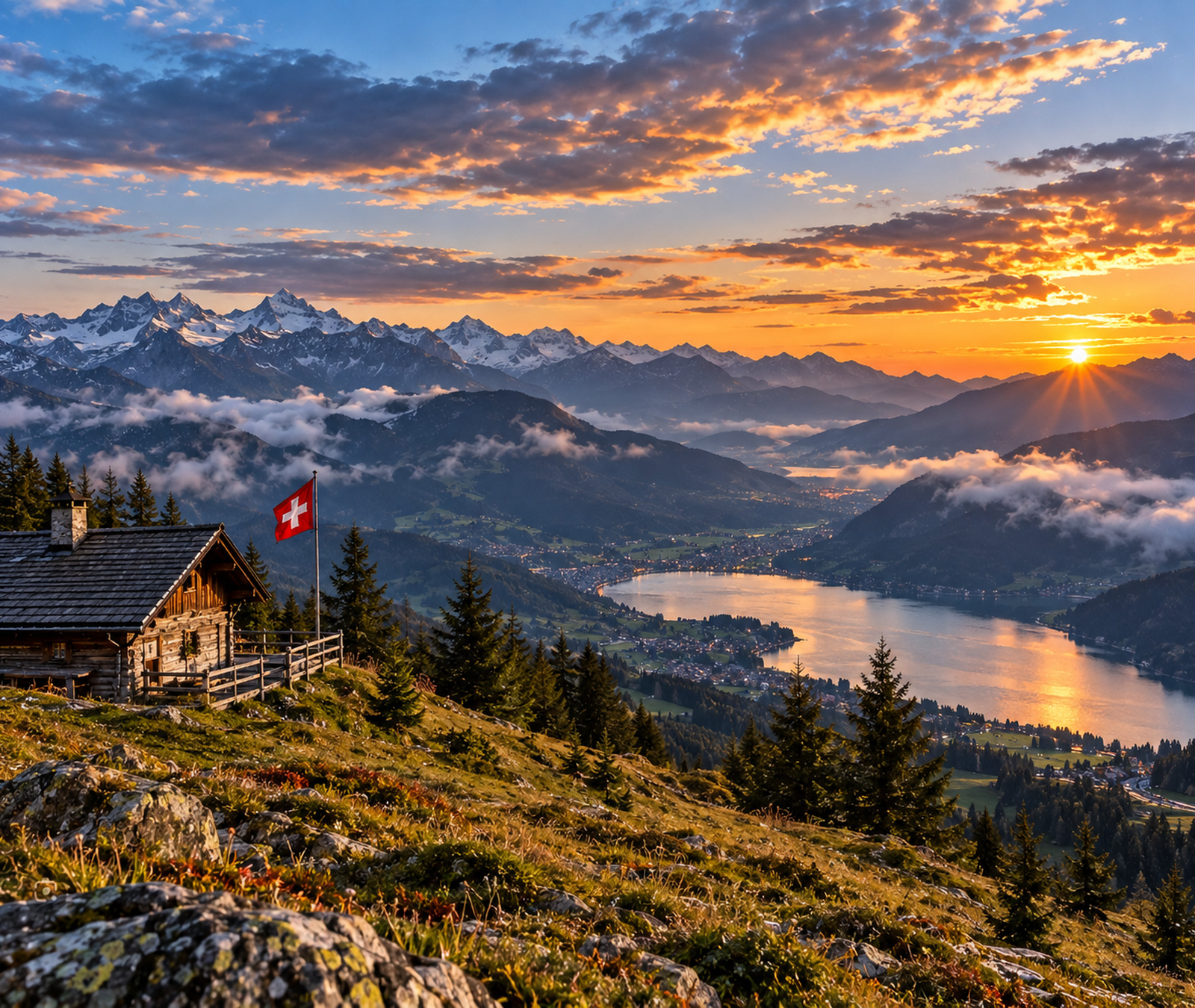 European alpine landscape at sunset with cloud bands showing changing weather
