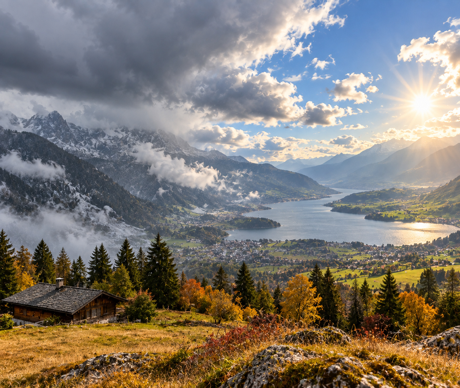 European alpine landscape showing contrasting clouds and sunshine over a lake and valley