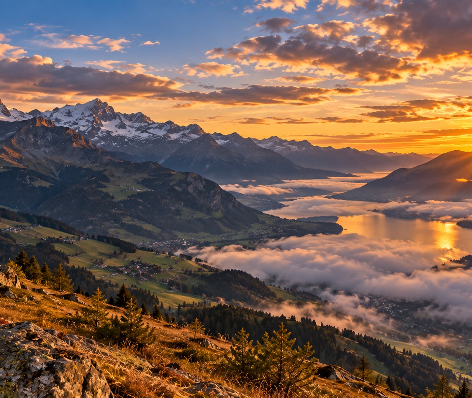 Late-September European mountain landscape at sunset with autumn colours and snow limited to high peaks