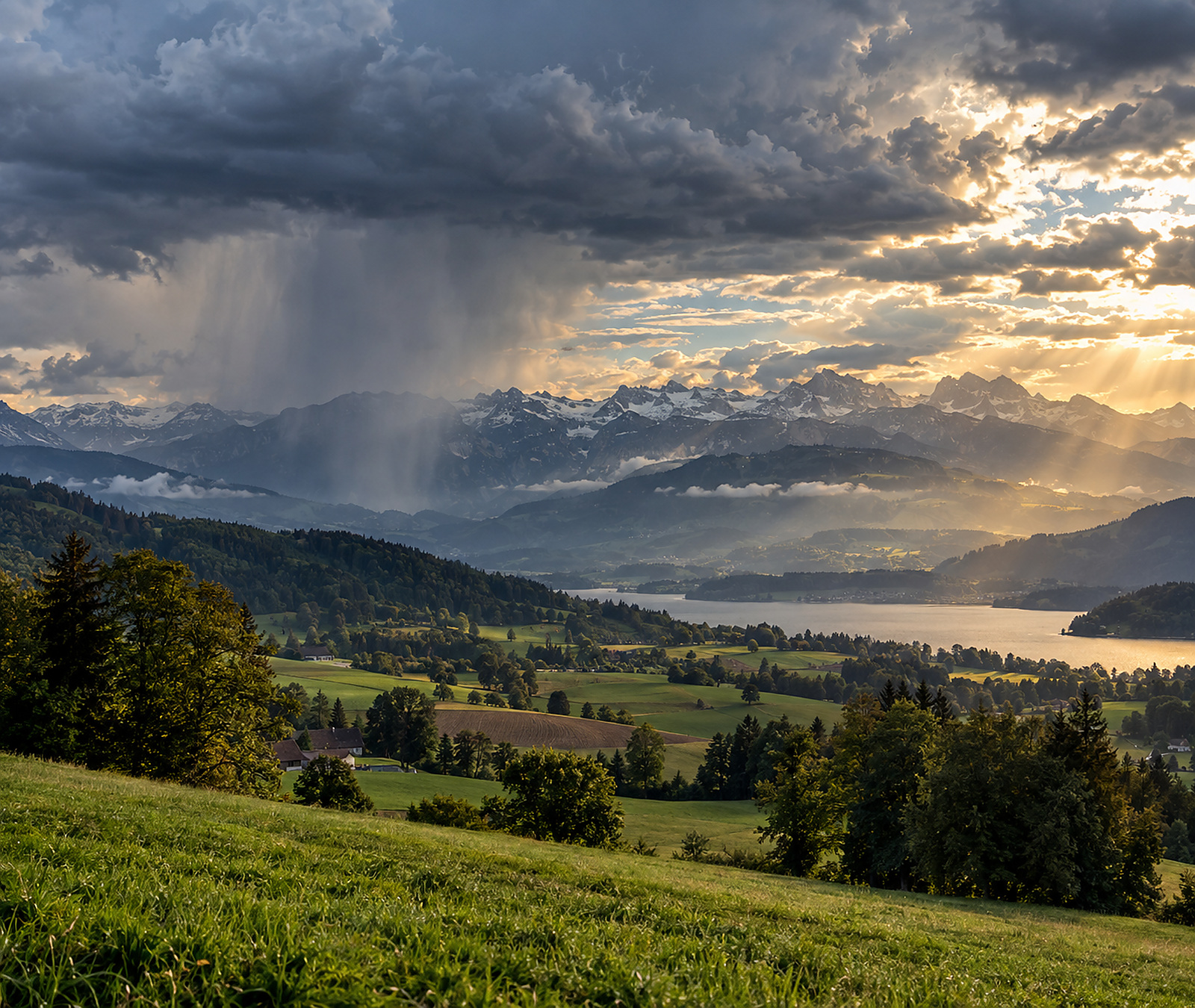 Realistic European Alpine landscape with sunshine, heavy clouds and local rain showers on 18 September 2026