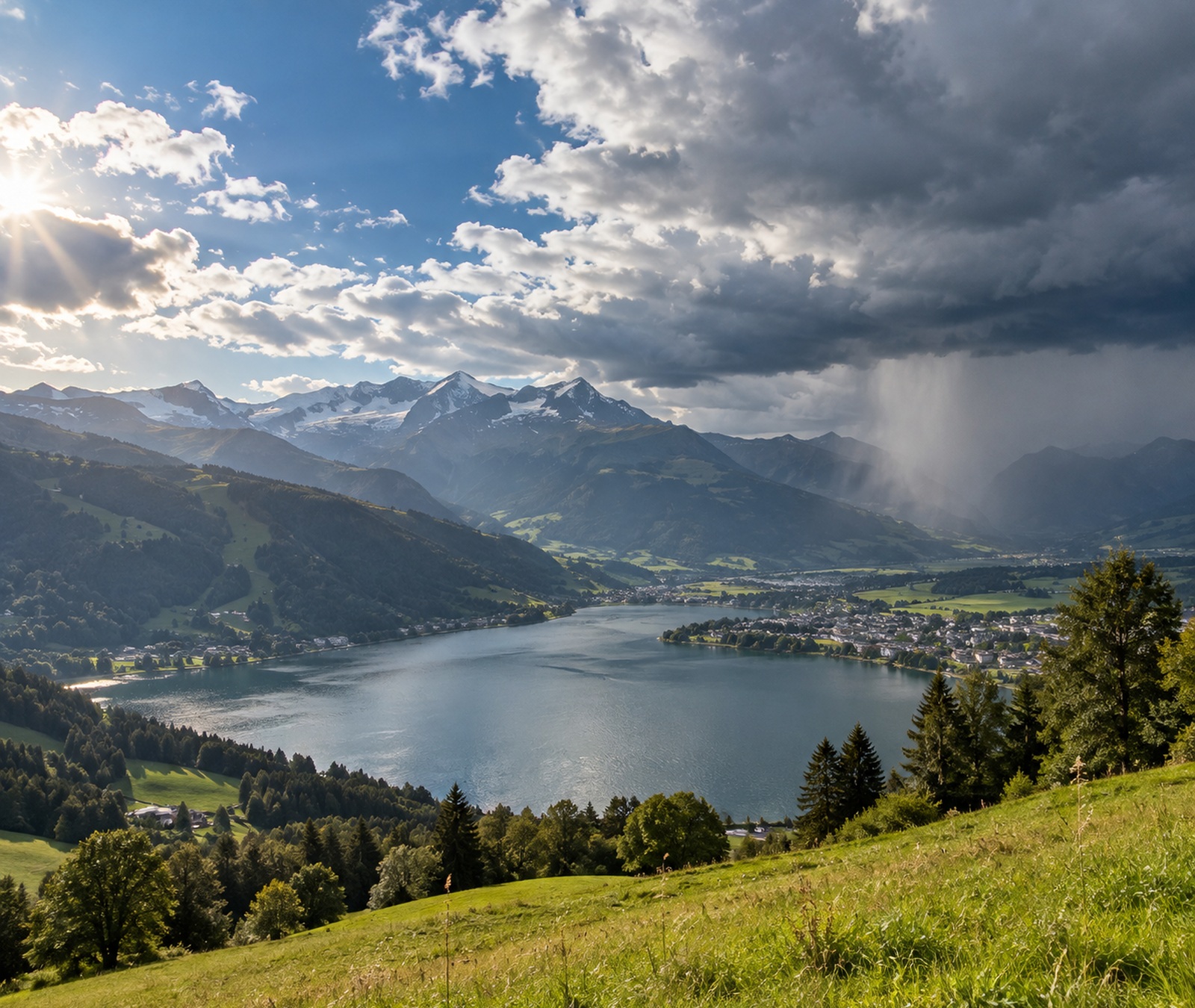 Europäische Landschaft mit kräftigen Wolken, lokalem Regen und Aufhellungen als Symbol für die Wetterteilung