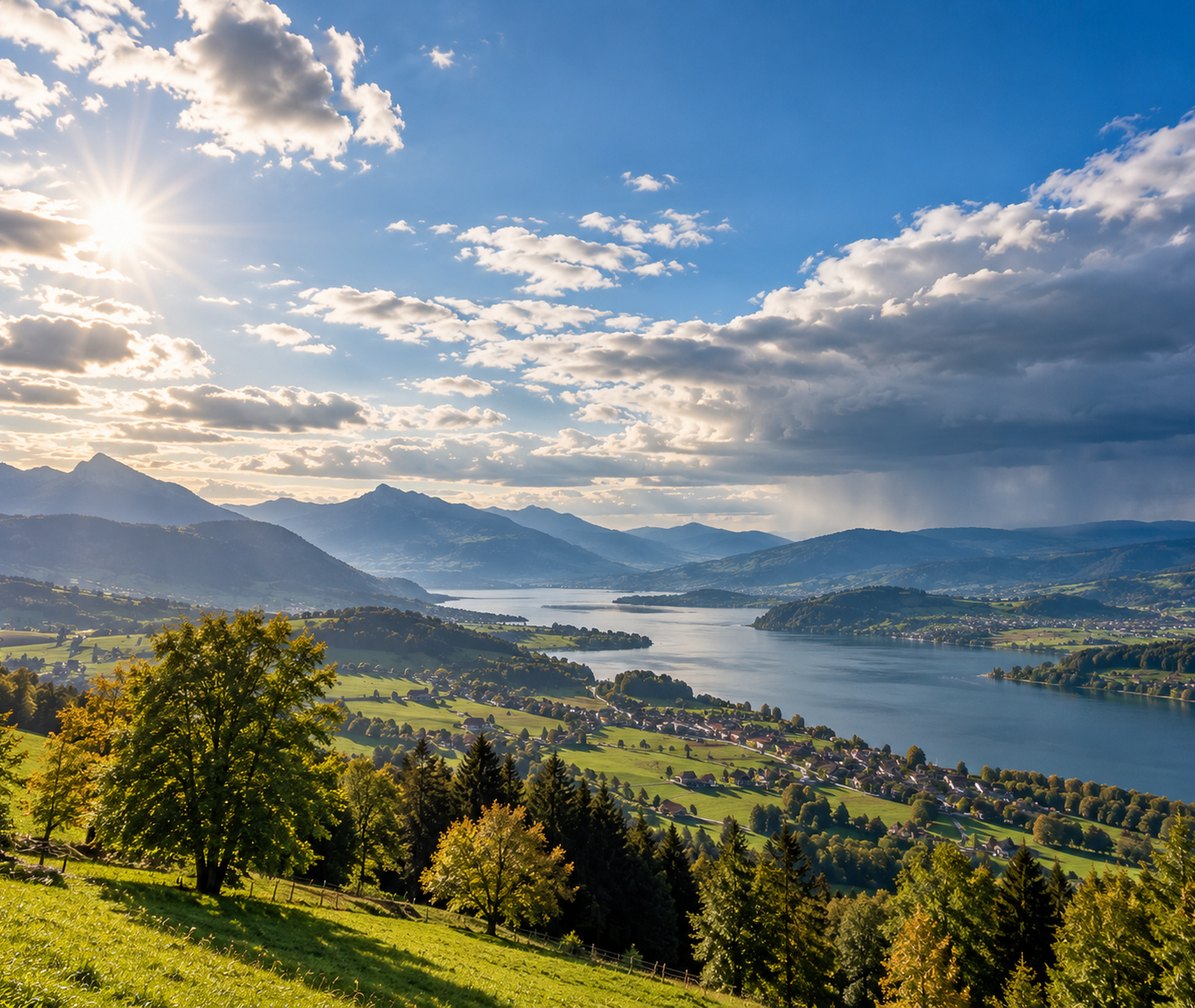 European landscape under mixed weather with sunshine over green countryside and rain clouds in the distance