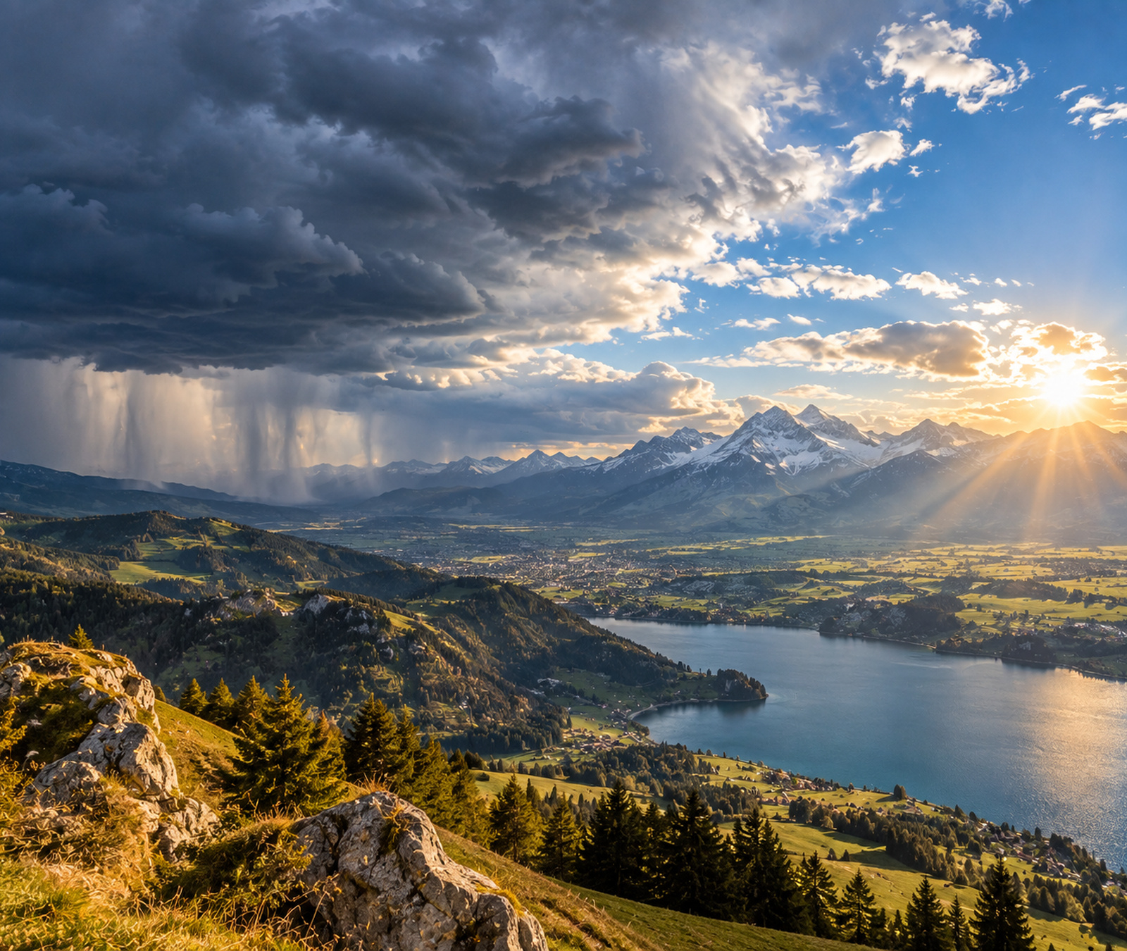 European mountain and lake landscape with rain clouds on one side and sunshine on the other