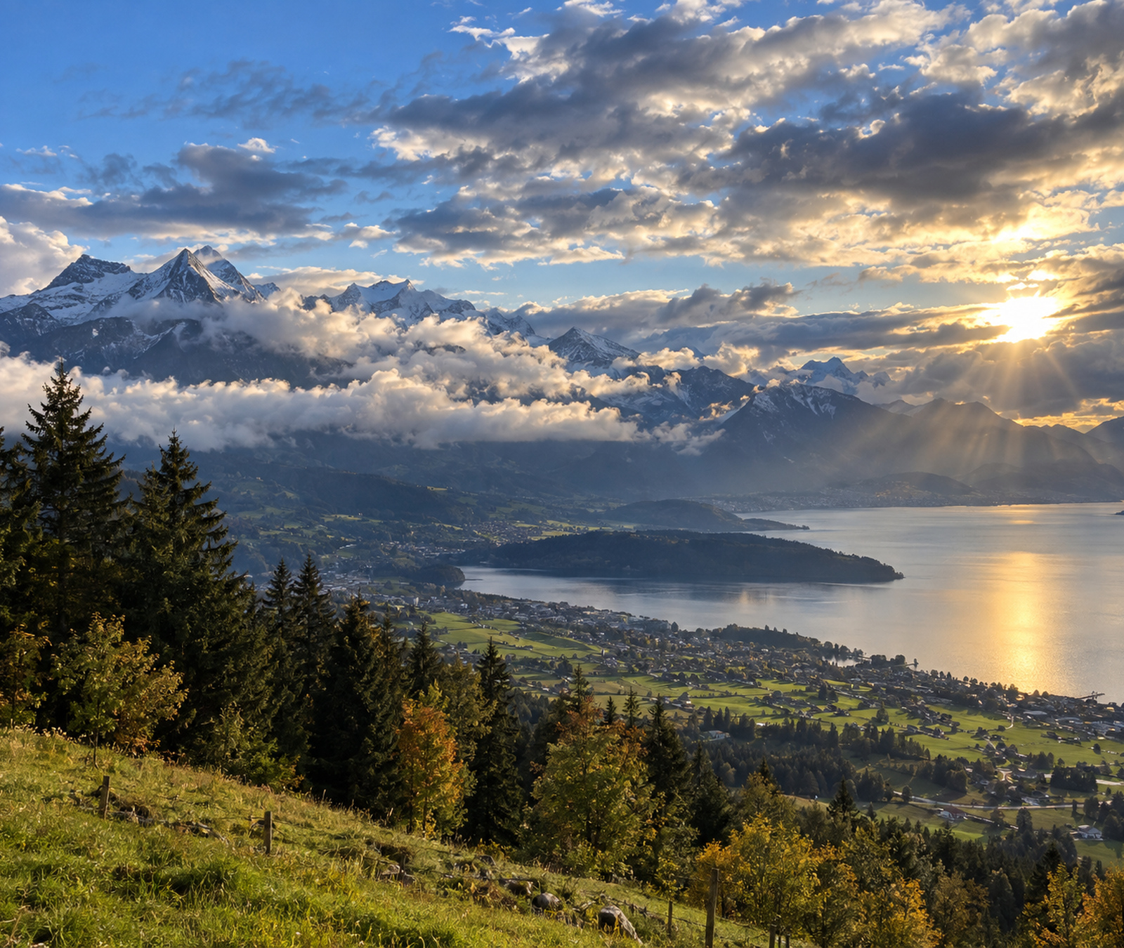 European alpine and lake landscape with sun, mist and changing clouds
