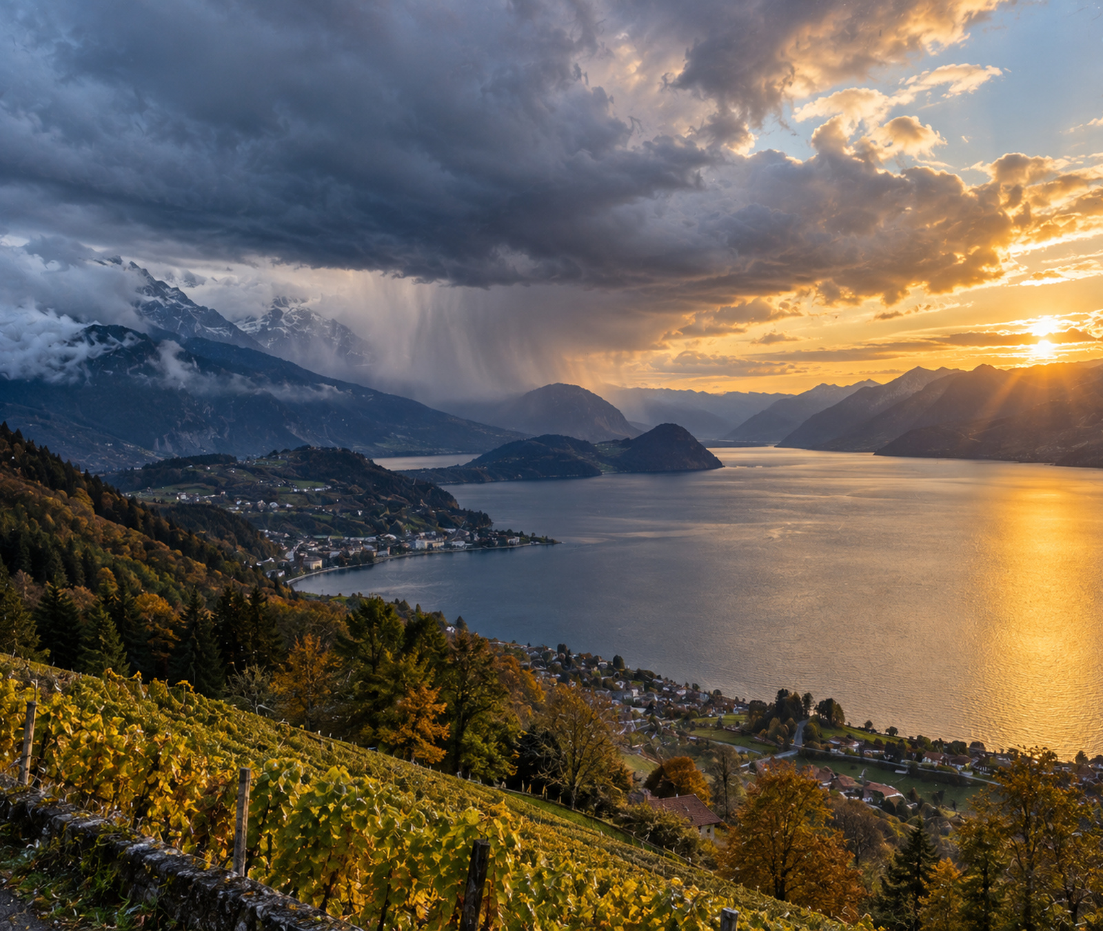 European alpine and lake landscape with sunshine on one side and darker approaching weather on the other