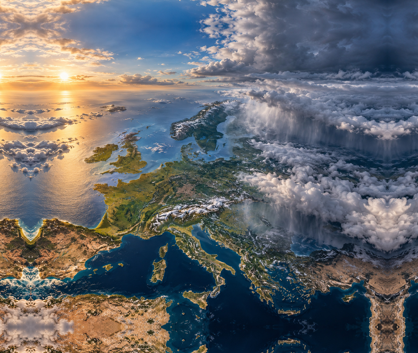 Europe under contrasting sunshine and dramatic cloud systems, symbolic weather view