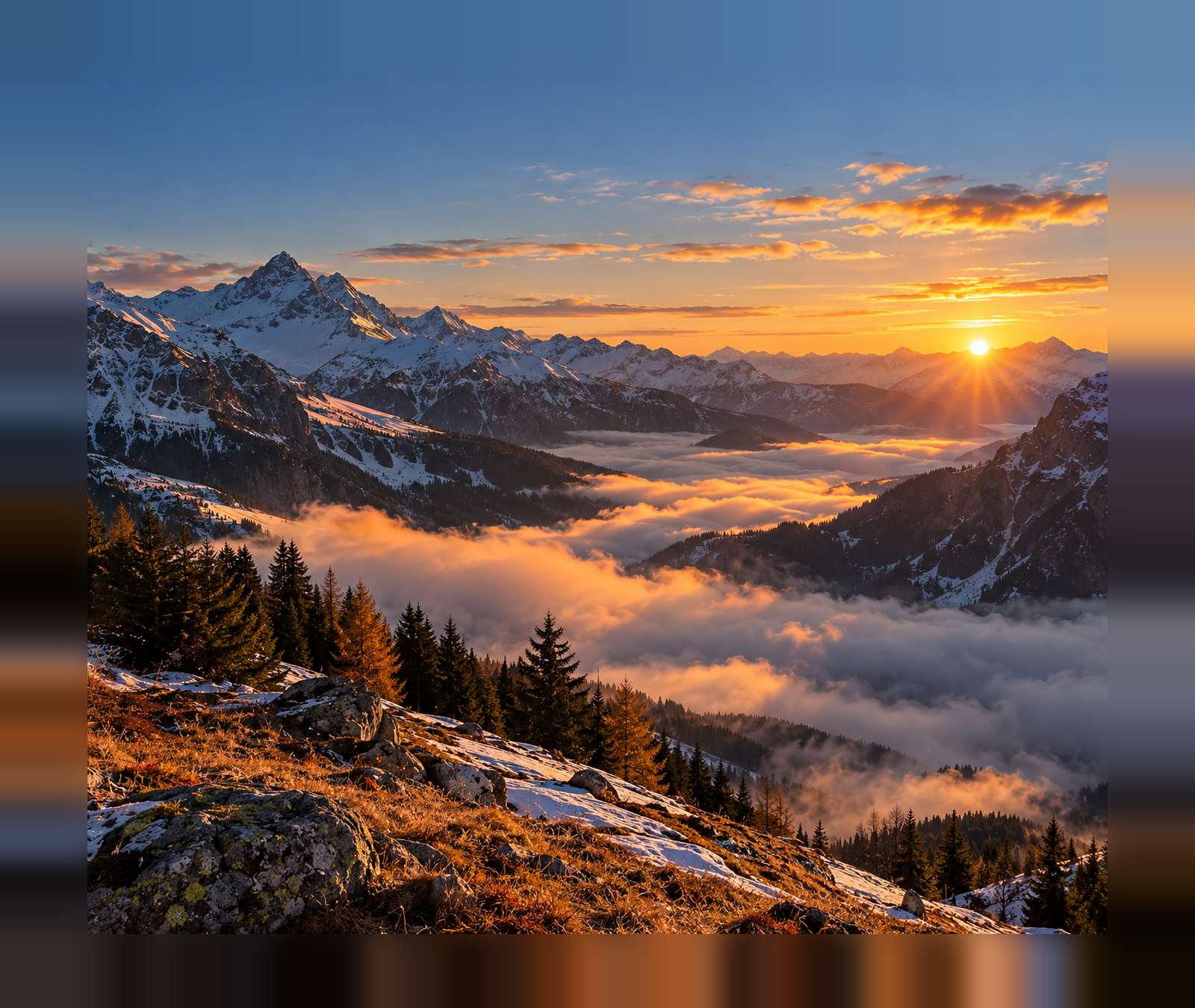 European alpine landscape beneath clearing clouds and warm evening light