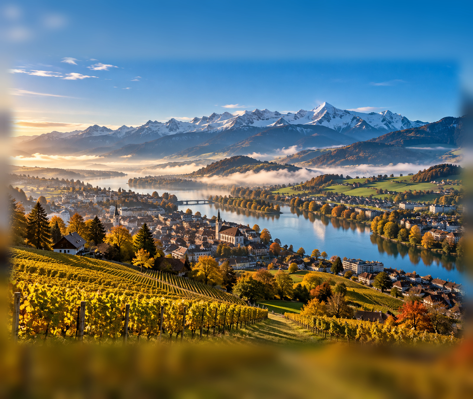 Sunny late-September European alpine landscape with autumn colours and clear mountain visibility