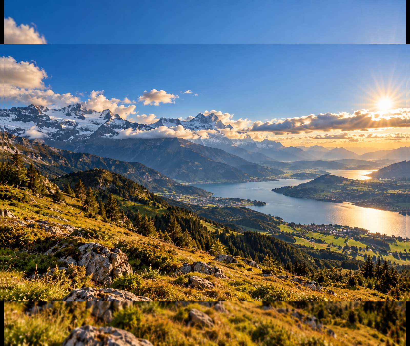Contrasting sunshine and storm clouds over a broad European mountain landscape
