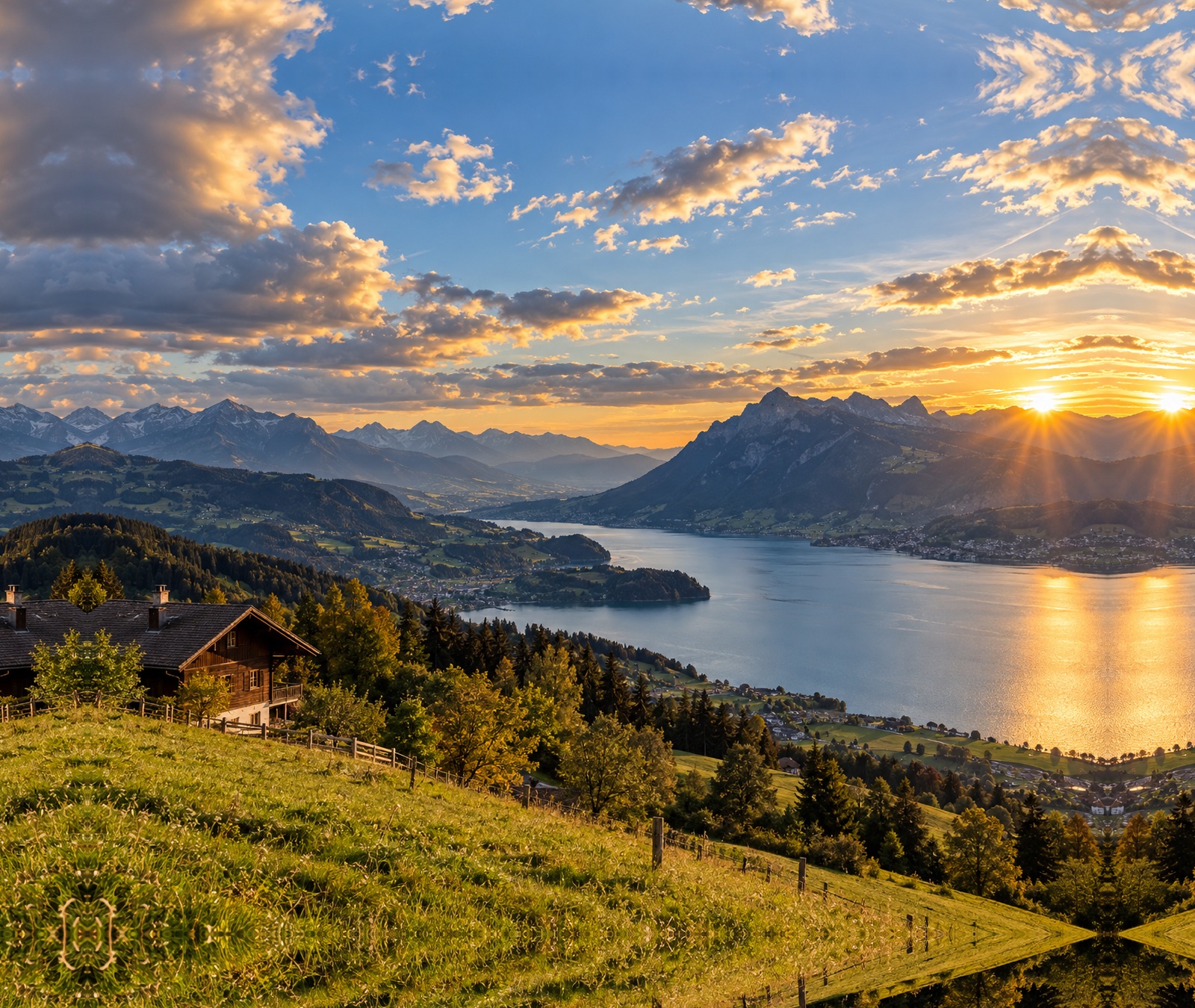 European mountain and lake landscape with sunny intervals and variable cloud