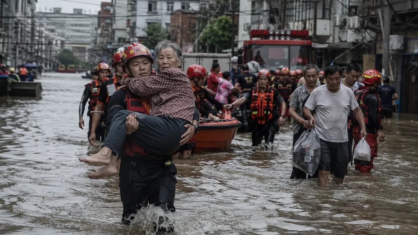 Emergency workers helping residents through deep floodwater on an urban street
