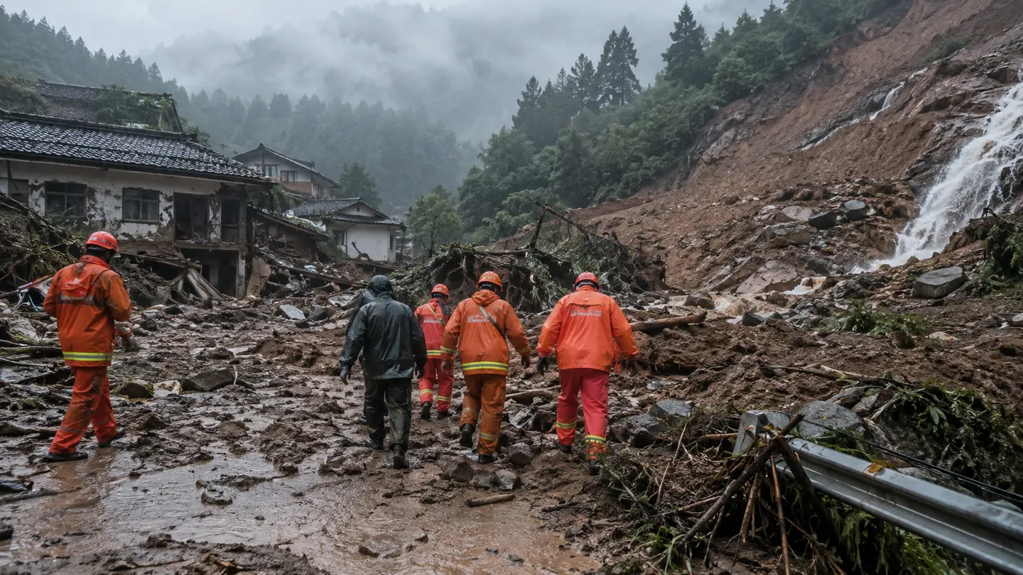Emergency workers moving through a rain-soaked landslide zone beside damaged homes