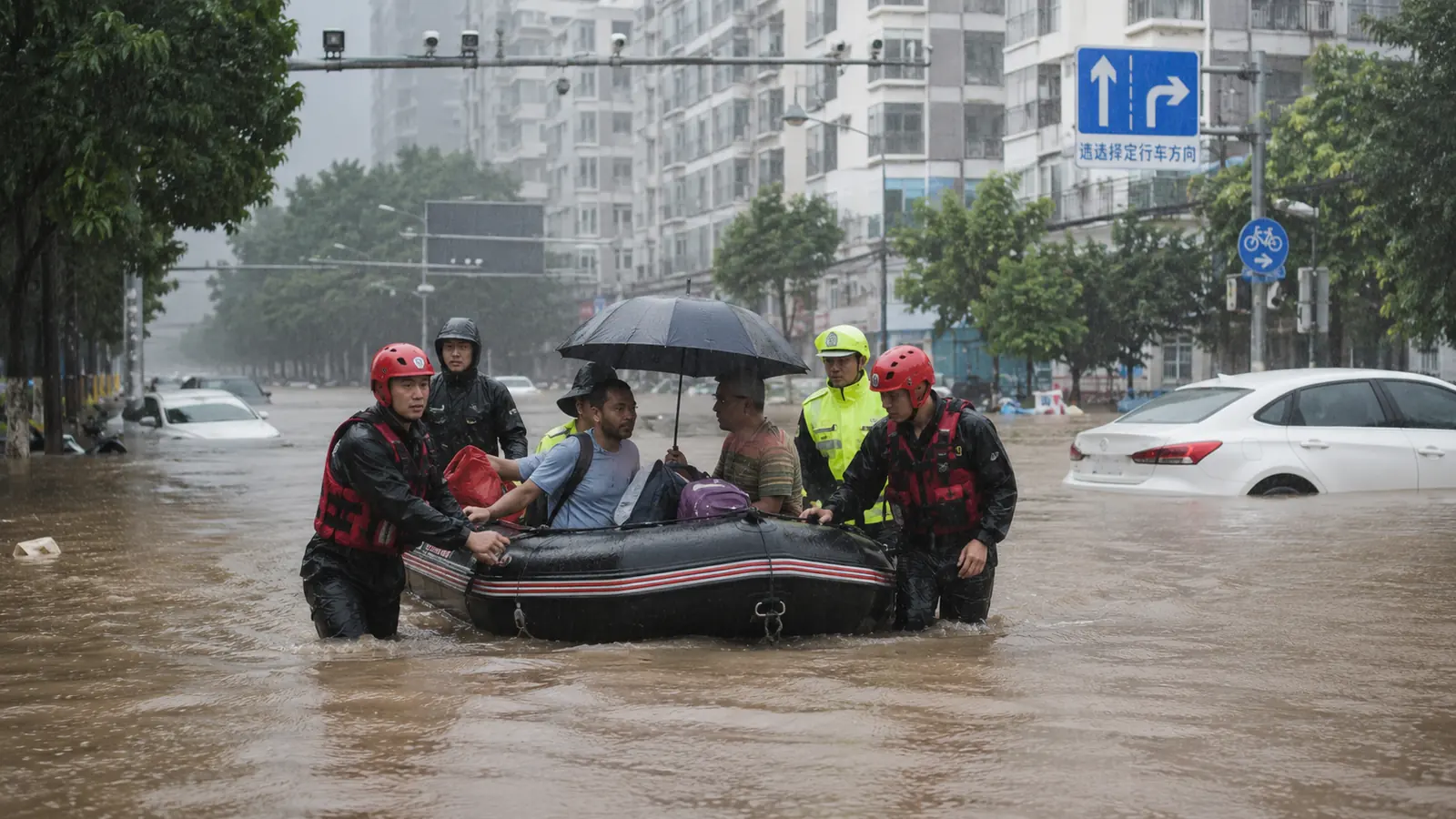 Emergency workers assisting people through deep floodwater on an urban street during heavy rain
