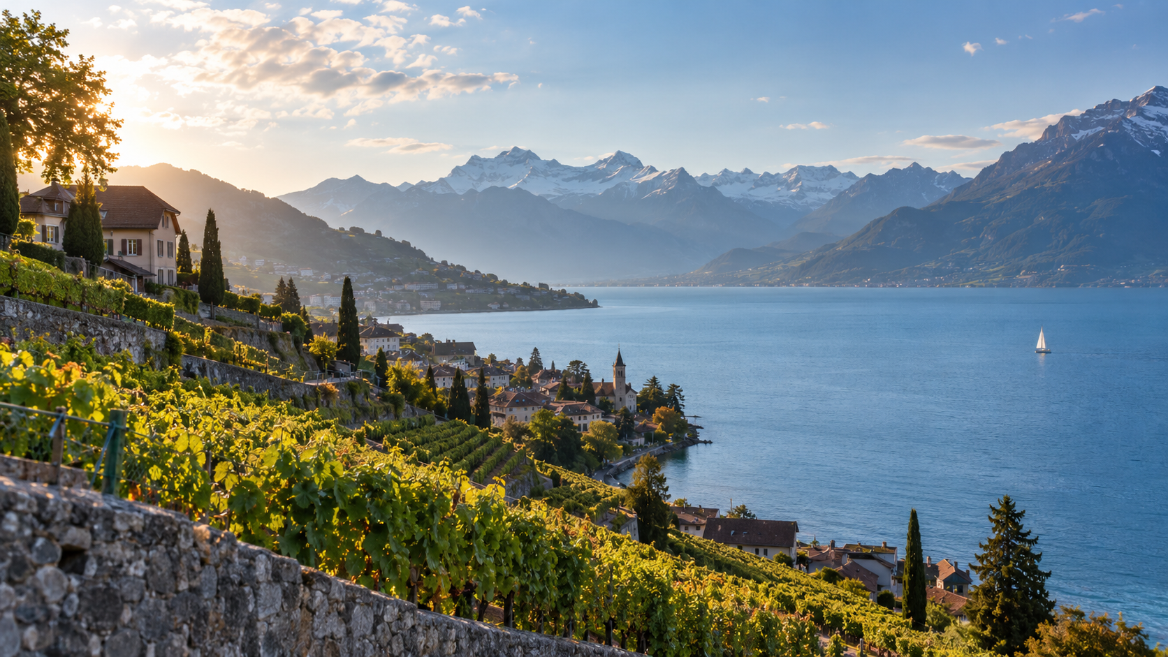 Swiss lakeside landscape with vineyards and mountains in warm late-summer light.