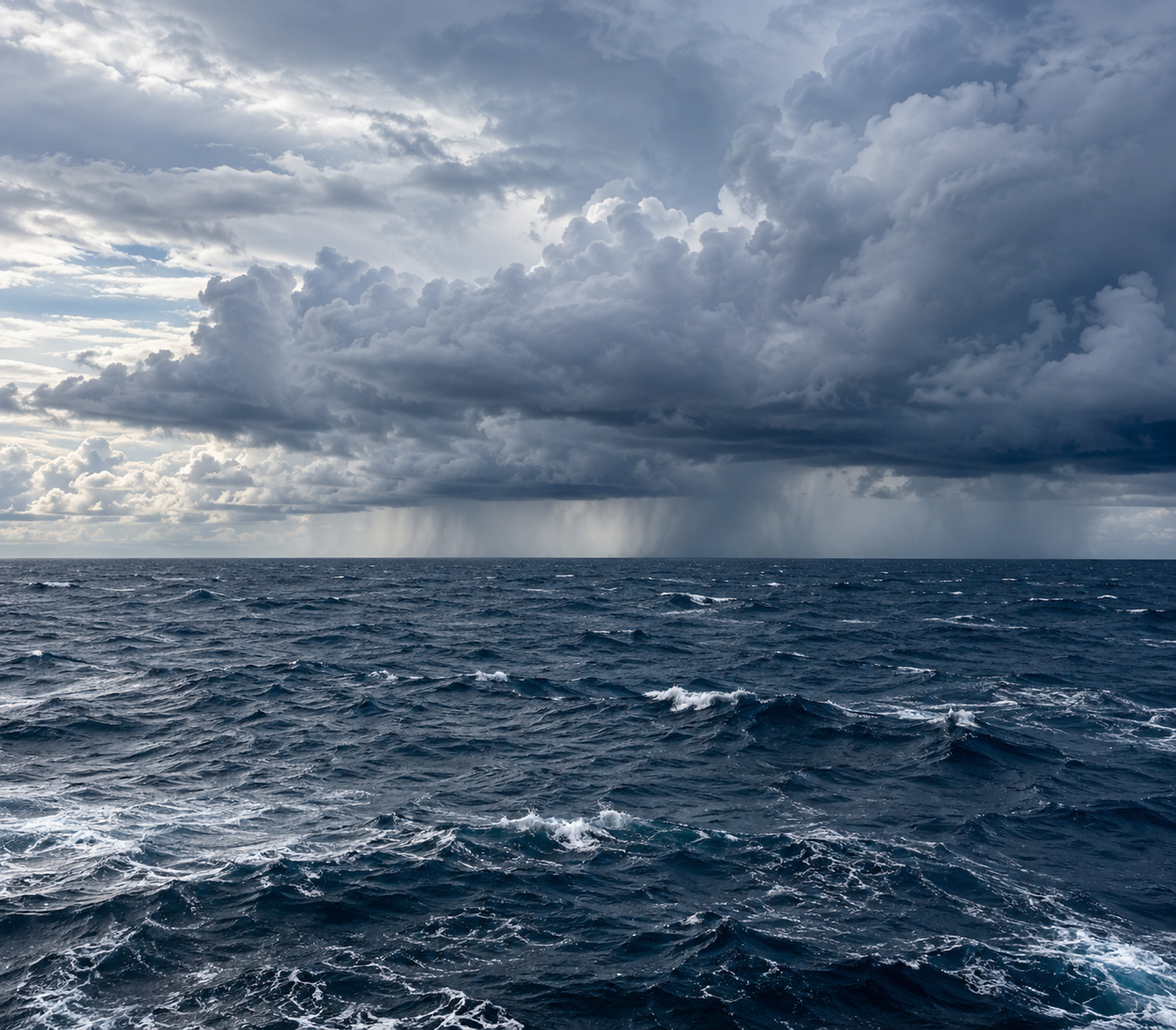 AI-generated illustration of dark tropical Pacific waters beneath a broad offshore storm cloud and distant rain bands.