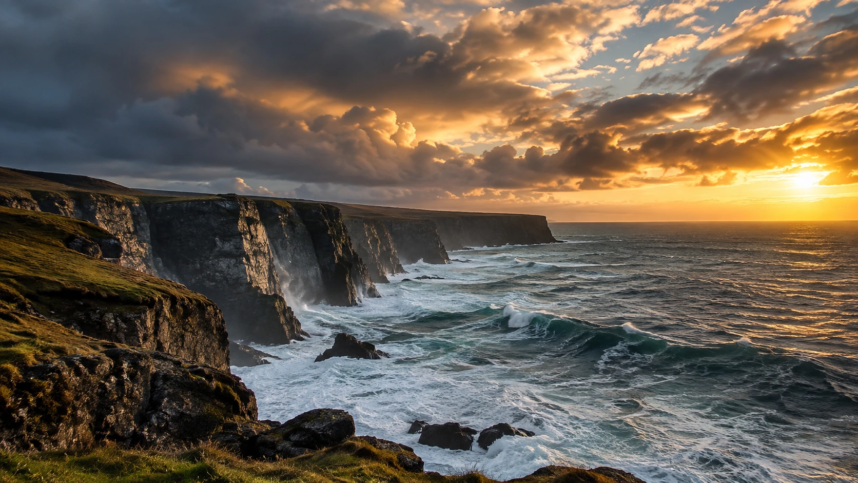 Rugged Atlantic cliffs and surf under dramatic sunset clouds.