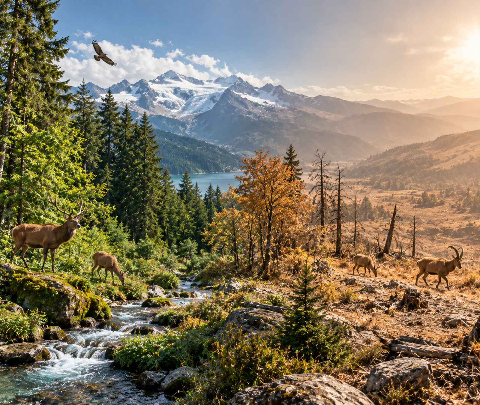Mountain ecosystem showing lush forest, drier vegetation, wildlife and retreating glacier under contrasting climate conditions