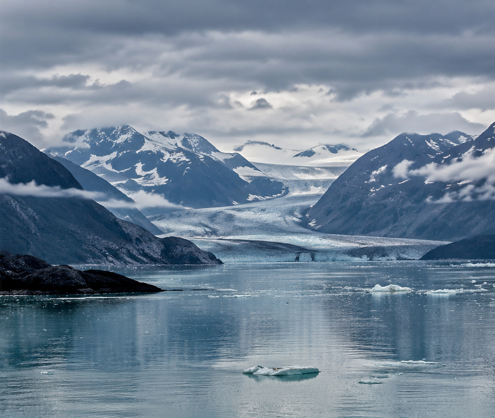 Tidewater glacier in an Alaskan-style fjord with exposed mountain slopes, floating ice and a strongly retreated glacier front