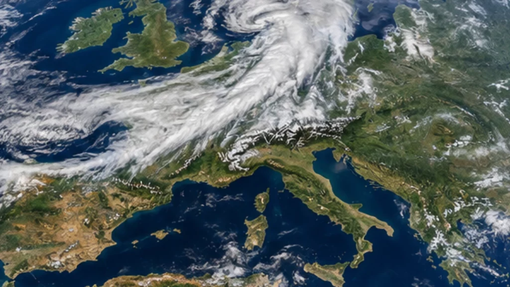 Satellite-style view of Europe with a broad frontal cloud band crossing the continent