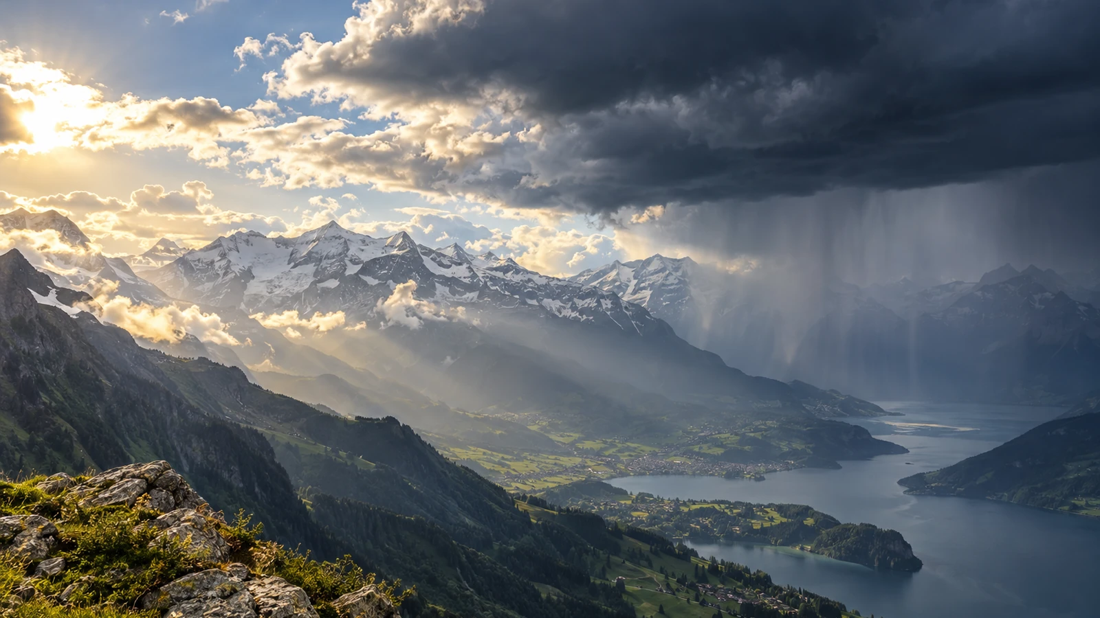 A broad European alpine weather landscape with clearing skies on one side and heavy rain clouds on the other