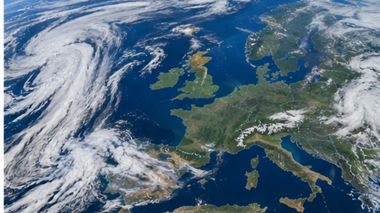Satellite-style view of Europe with broad cloud bands around the continent as an editorial illustration of the current pressure pattern