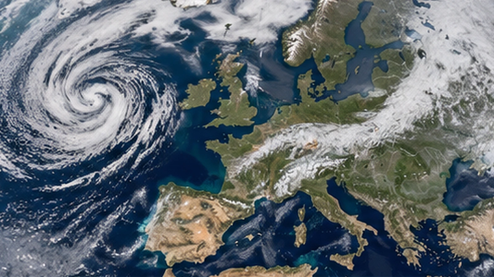 Satellite-style view of Europe with cloud bands as a symbolic image for the continental weather pattern