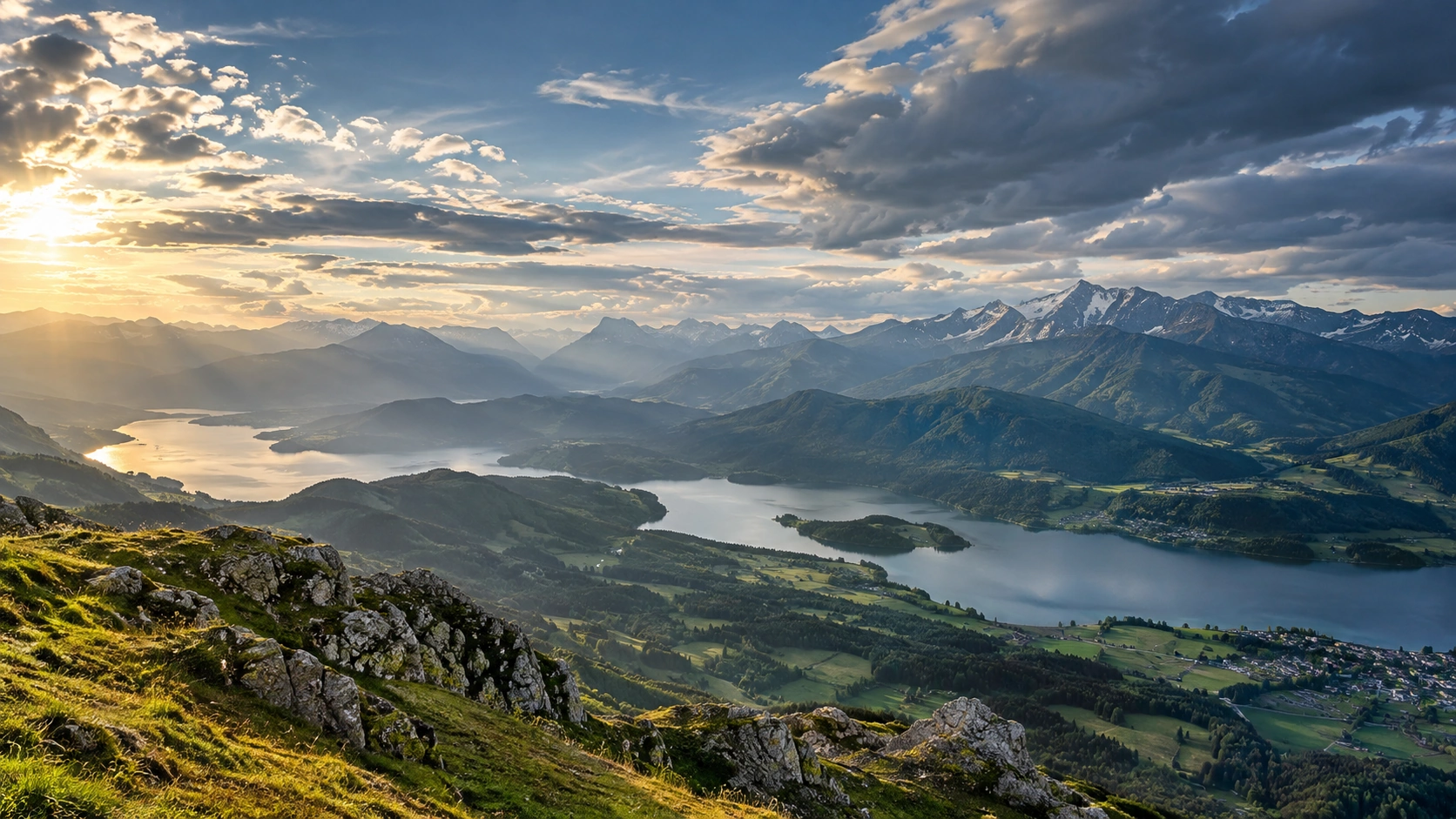 Wide European alpine landscape with lakes, mountains, sunlight and developing cloud as a symbolic weather image