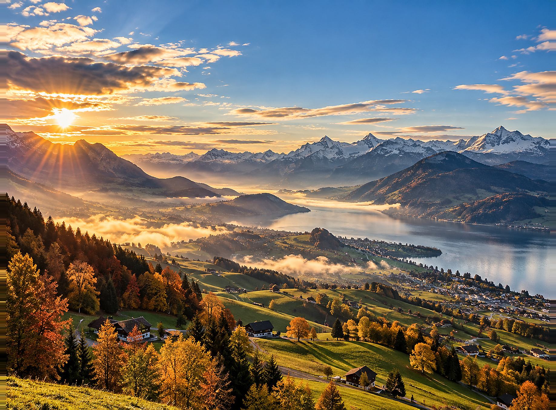 Wide European alpine landscape in warm late-September sunshine