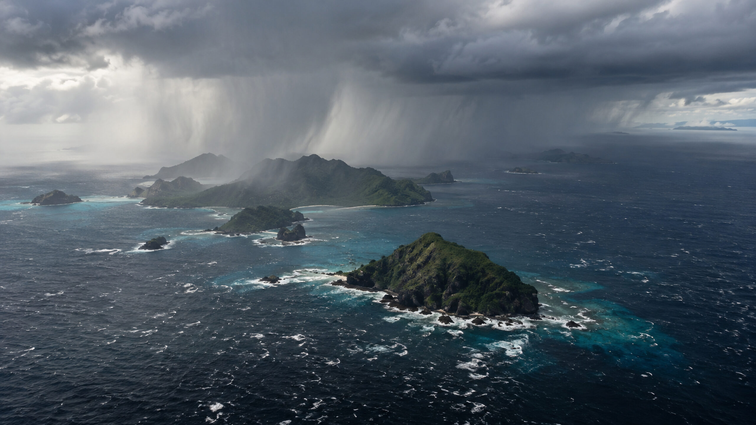 Photorealistic editorial depiction of a remote western Pacific island chain under heavy tropical rain and rough seas