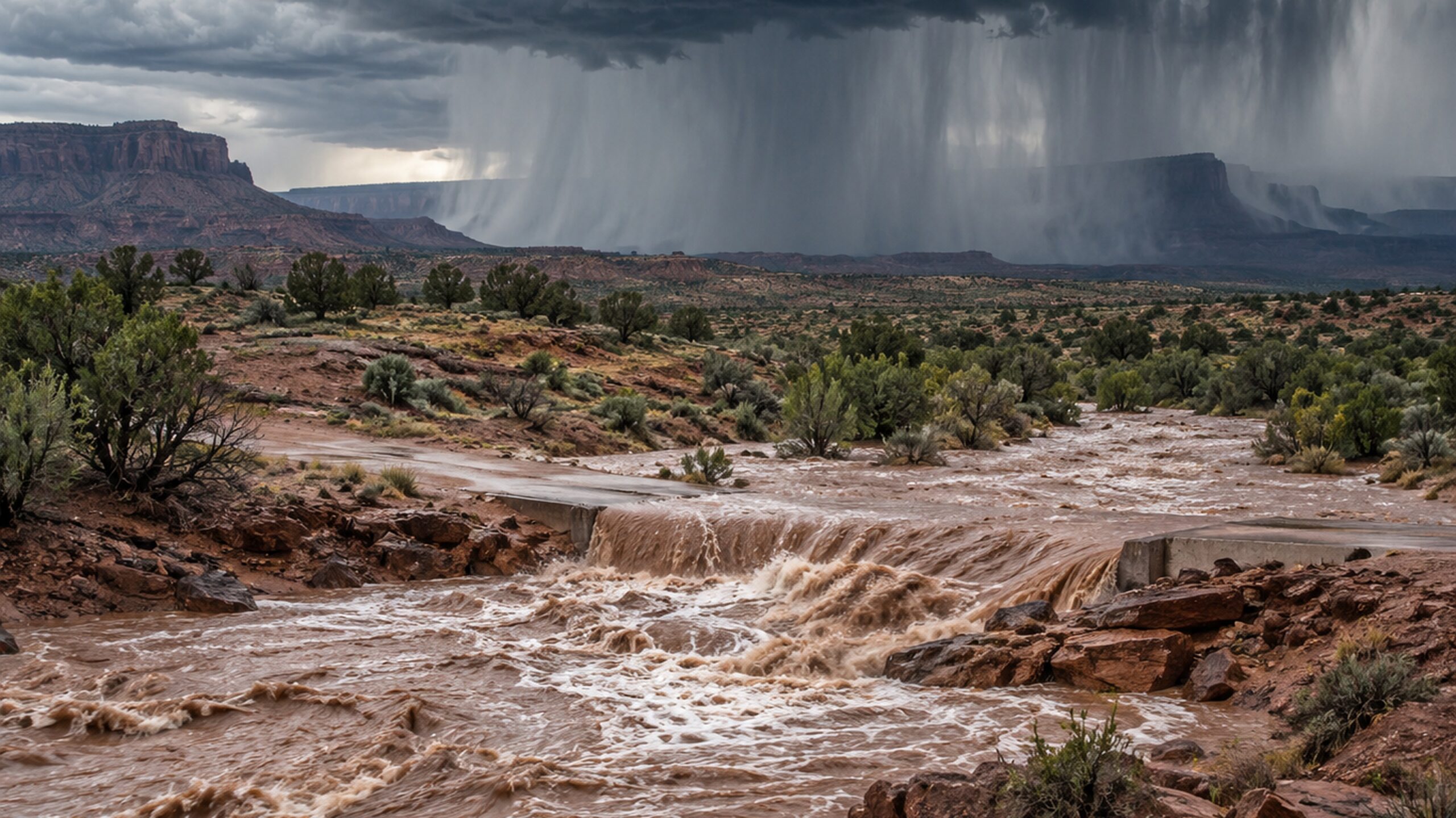 Flash flooding beneath severe thunderstorms in a rugged desert landscape of the American Southwest