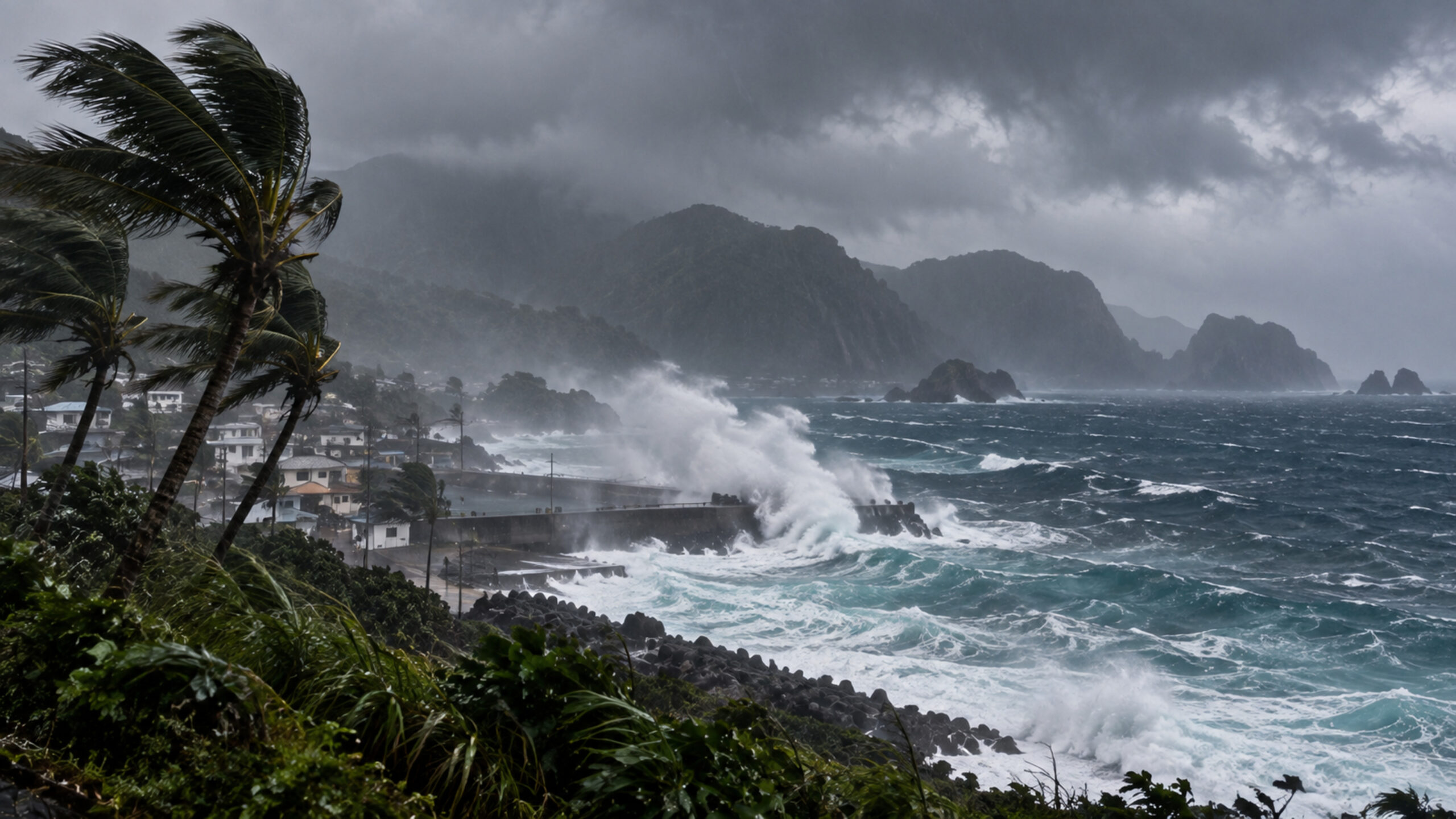 Editorial illustration of severe tropical storm conditions on a rugged western Pacific island coast with heavy rain and rough seas