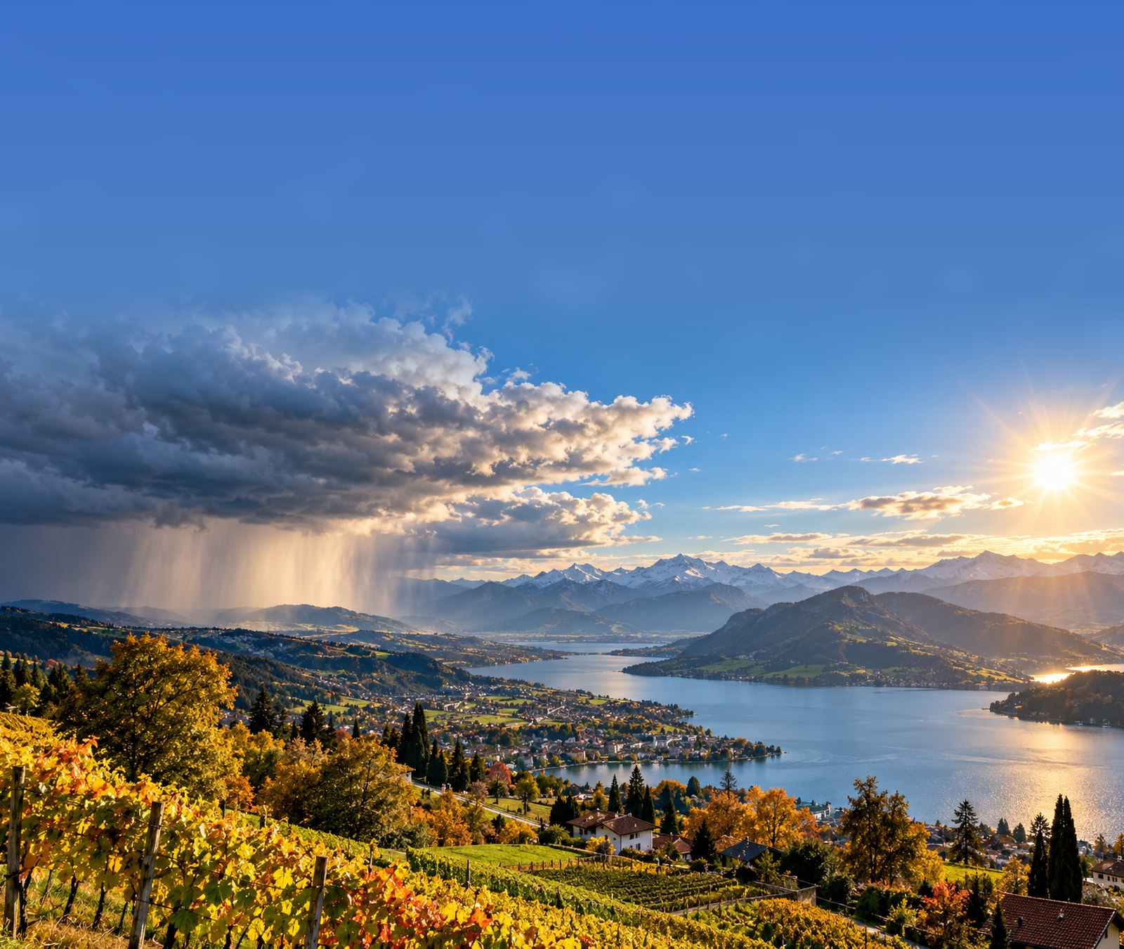 European weather contrast with sunshine over mountains and a rain band approaching from the west.