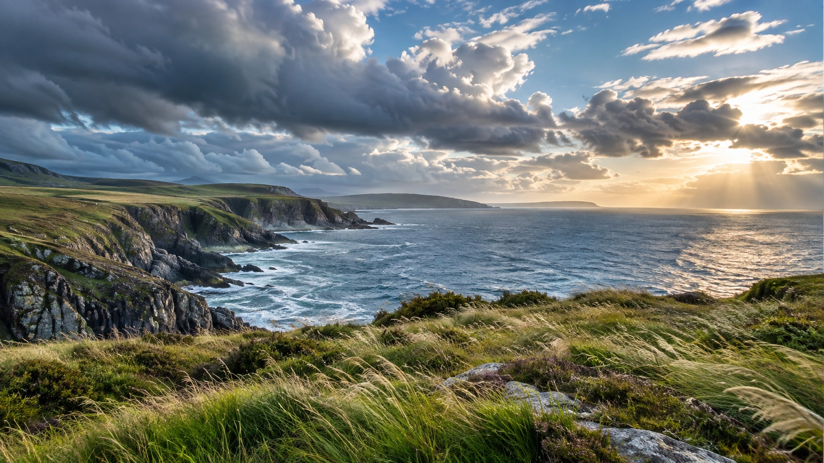 Rocky Atlantic coastline under a dramatic sky with brighter breaks over the sea.