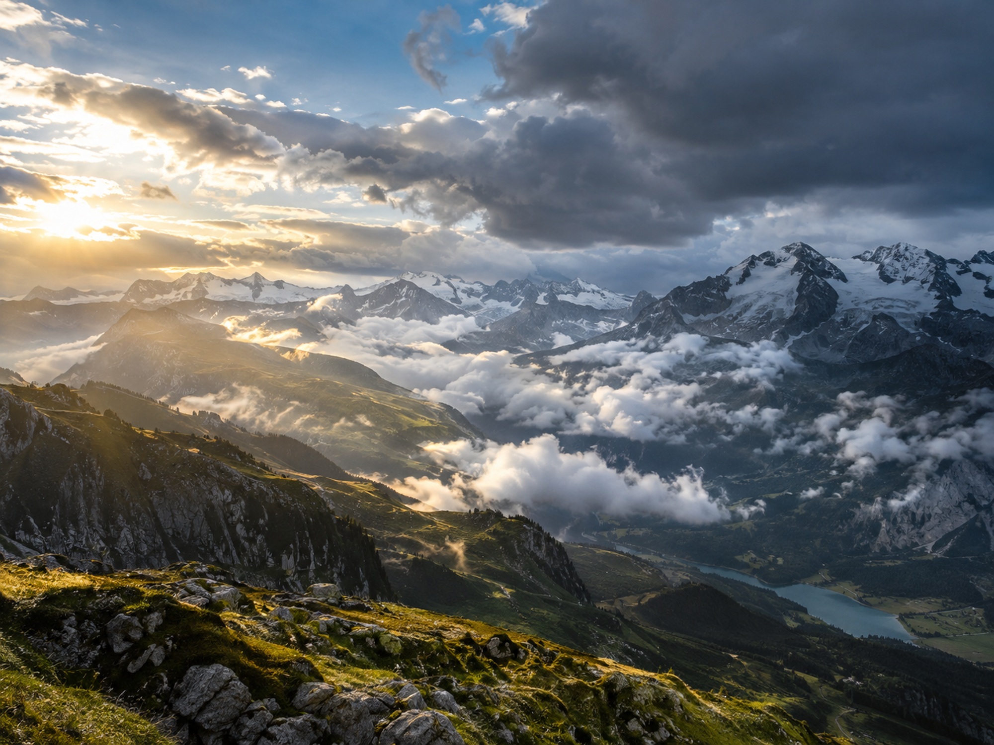 Broad European mountain panorama with sun, clouds and changing weather