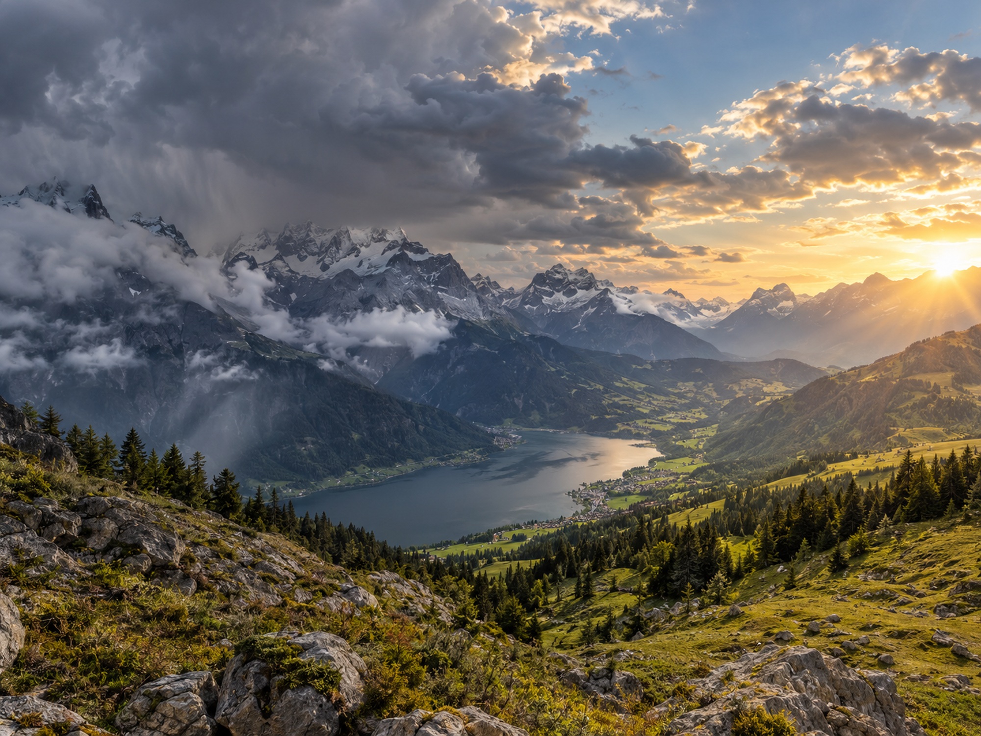 Dramatic European mountain panorama with storm clouds on one side and sunshine on the other