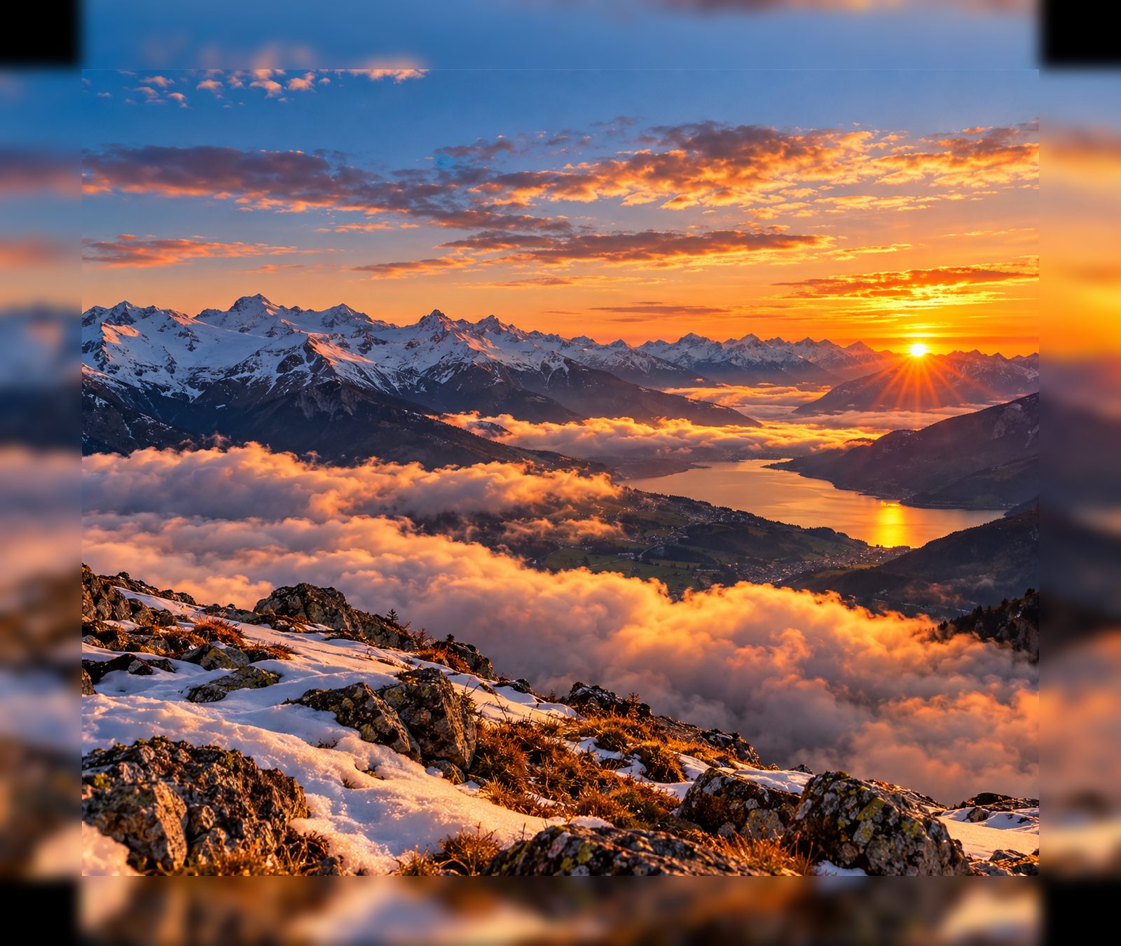 European late-summer weather landscape with warm sunlight and advancing clouds over mountains and valleys.