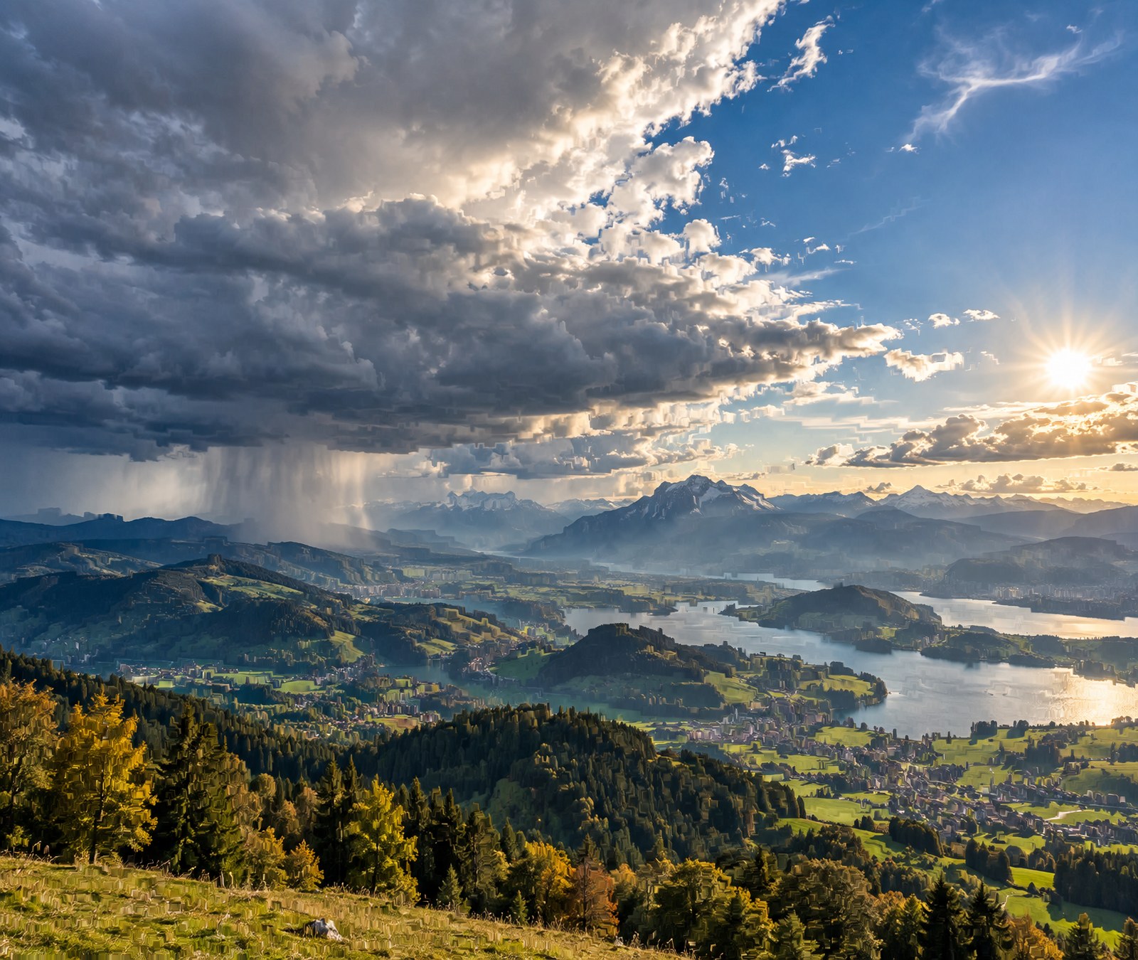 European mountain and lake landscape beneath a dramatic split sky with sunshine and rain showers, symbolising the continent-wide weather contrast.