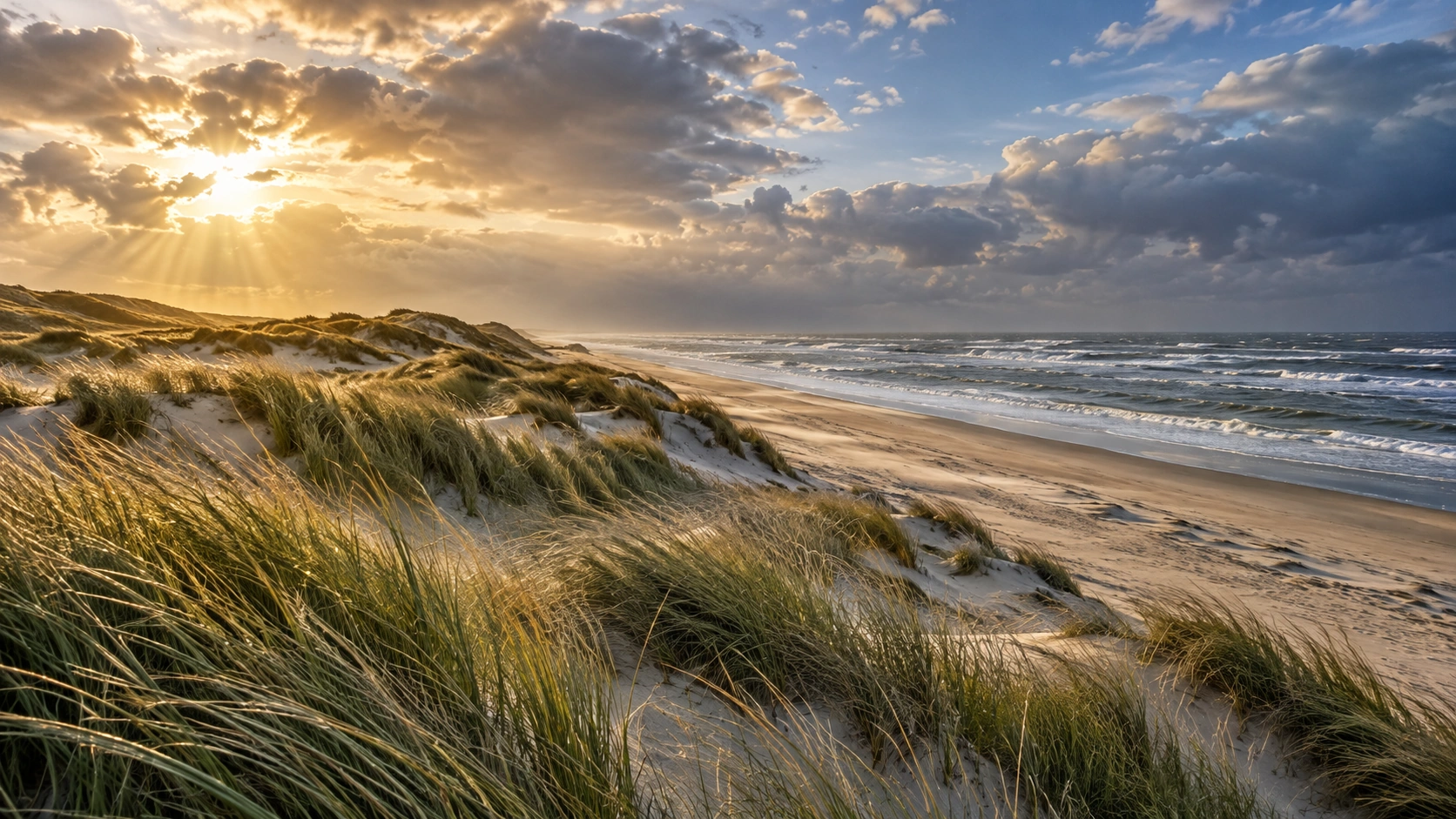 Wind-shaped dunes and an open Atlantic beach beneath a sky changing from sunshine to darker clouds.