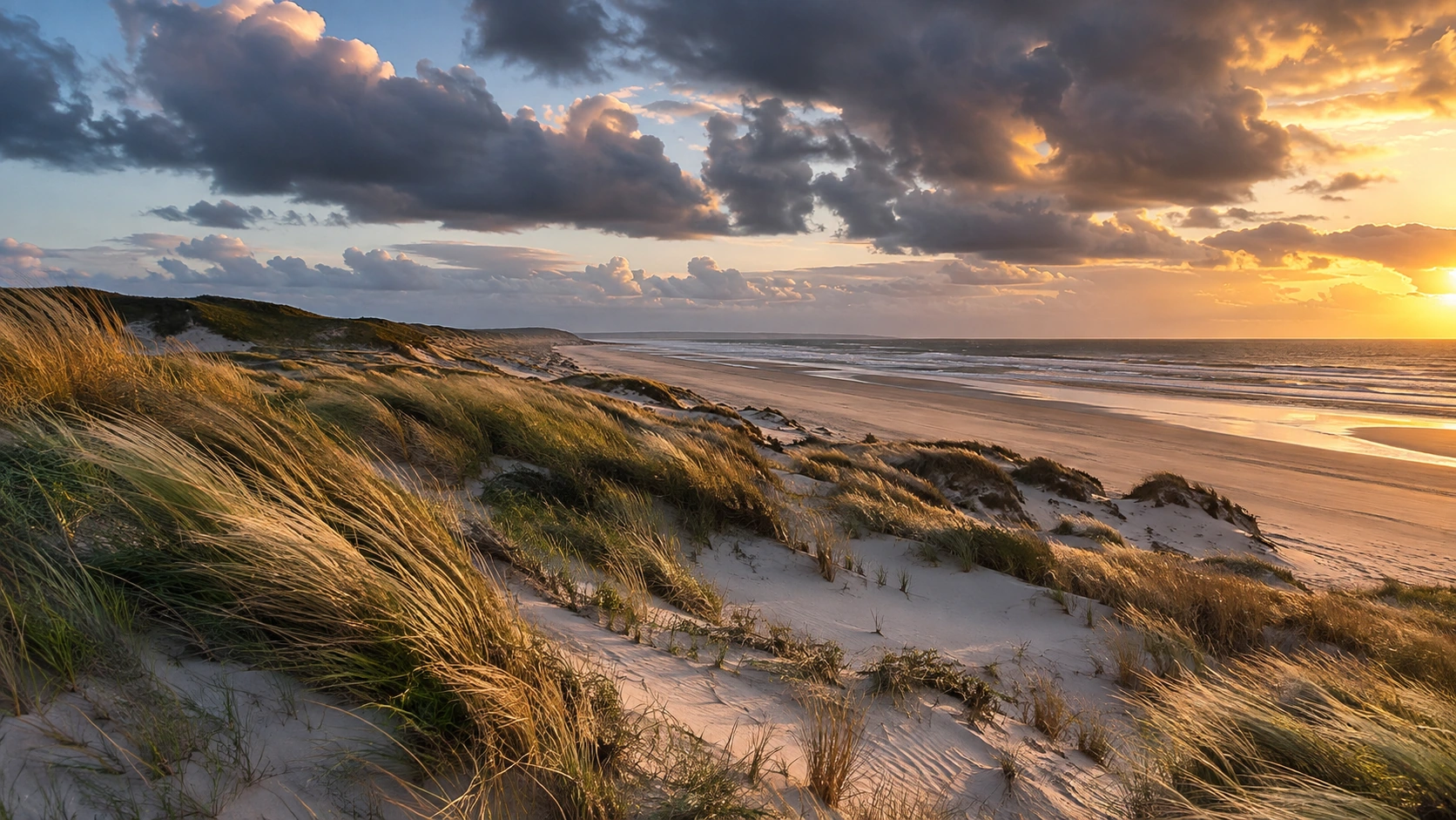 Dramatic European coastal landscape beneath broken storm clouds and warm evening light.