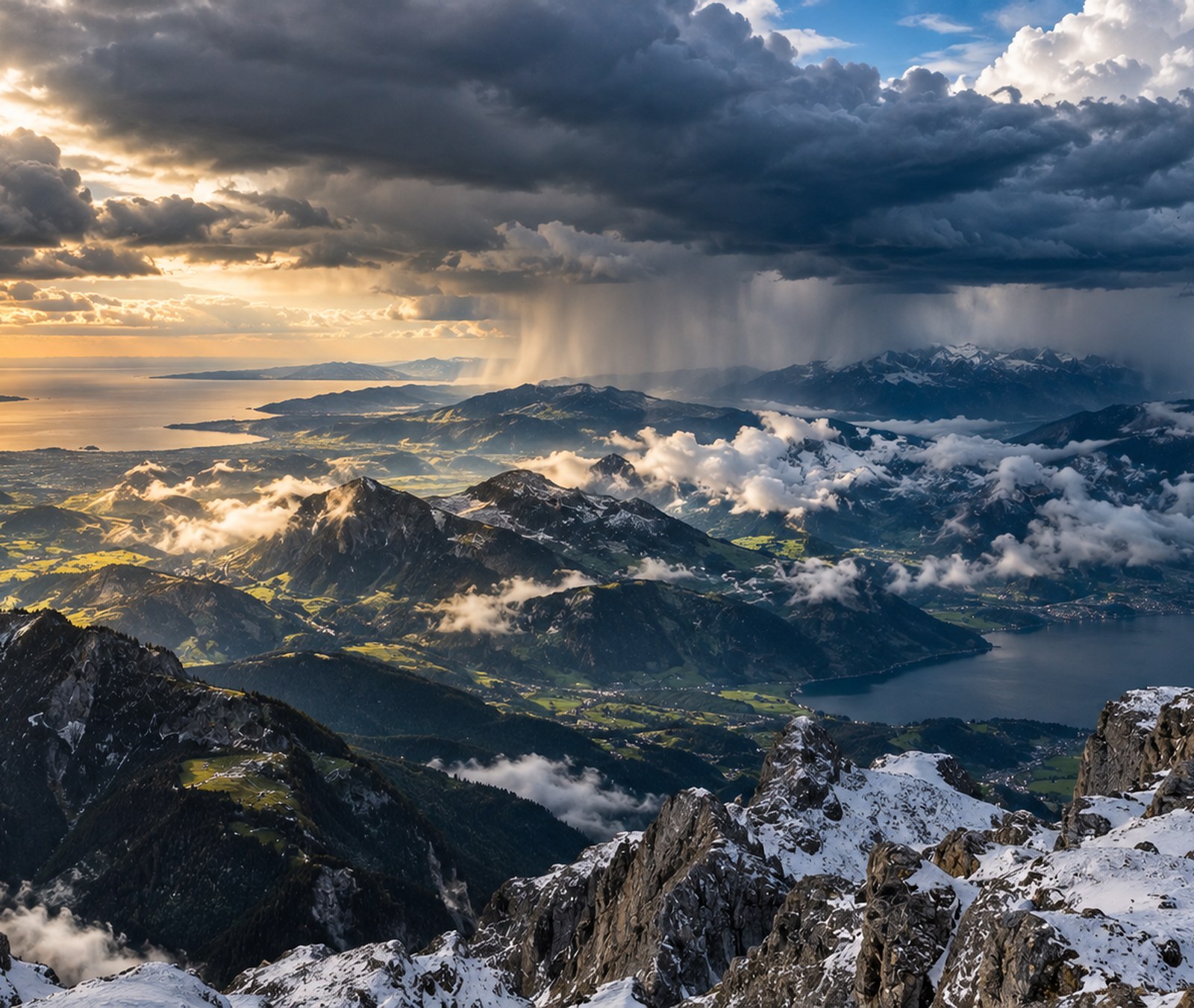 Wide European mountain and coastal weather landscape with sunshine, cloud bands and heavy showers in different sectors.