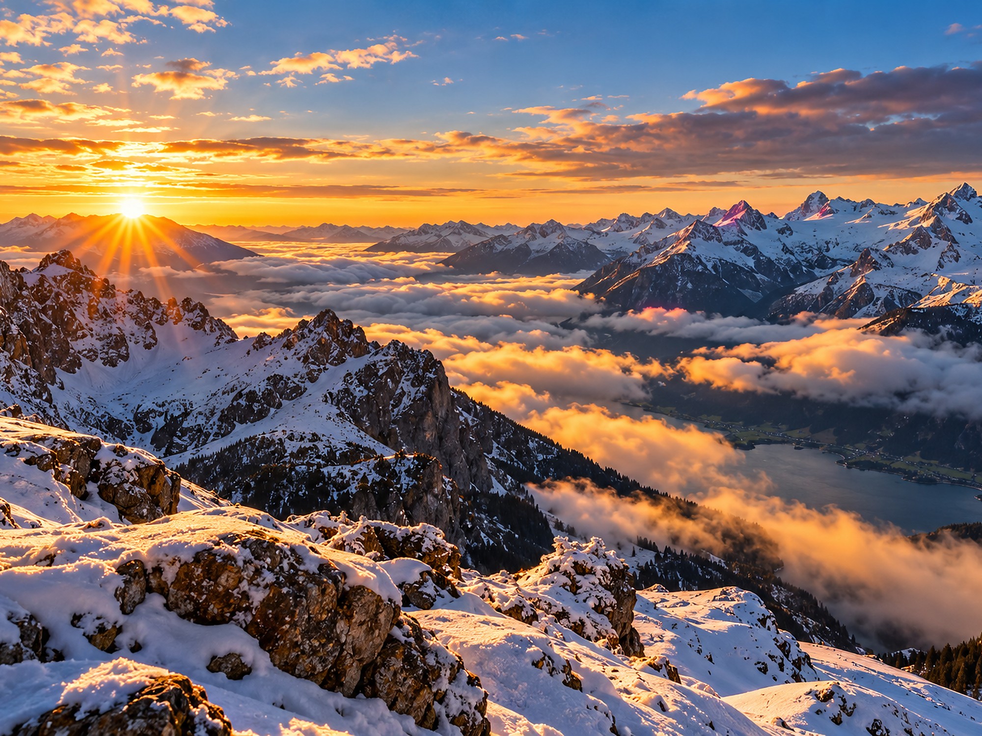 Sunrise over a broad alpine mountain landscape as a symbolic image for Europe weather.