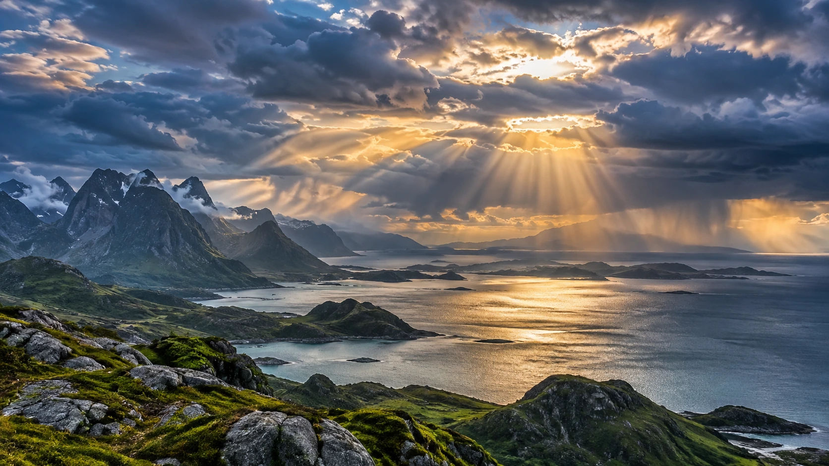 Dramatic European coastal landscape with sunbeams, clouds and distant showers.