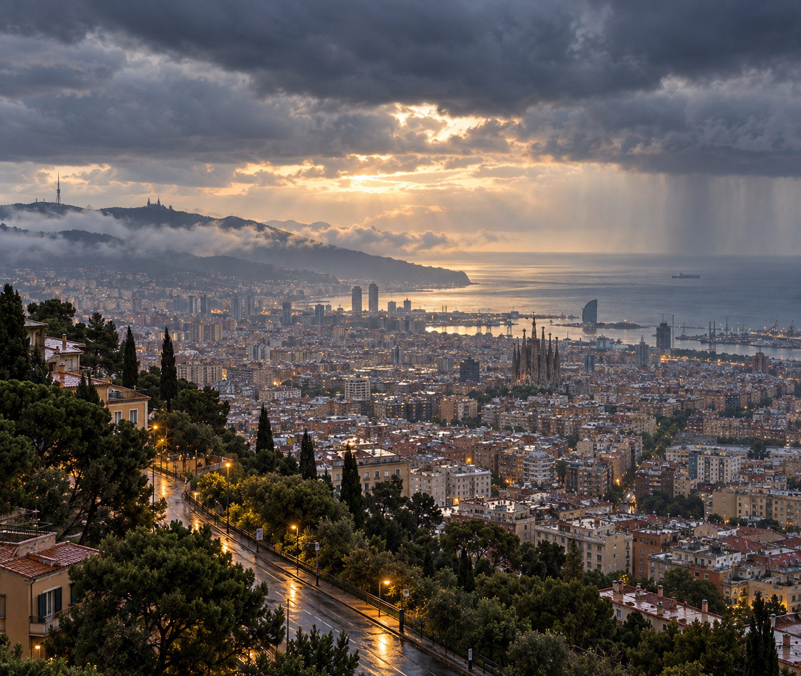 Barcelona and the Catalan coast under retreating storm clouds on the morning after heavy rain.