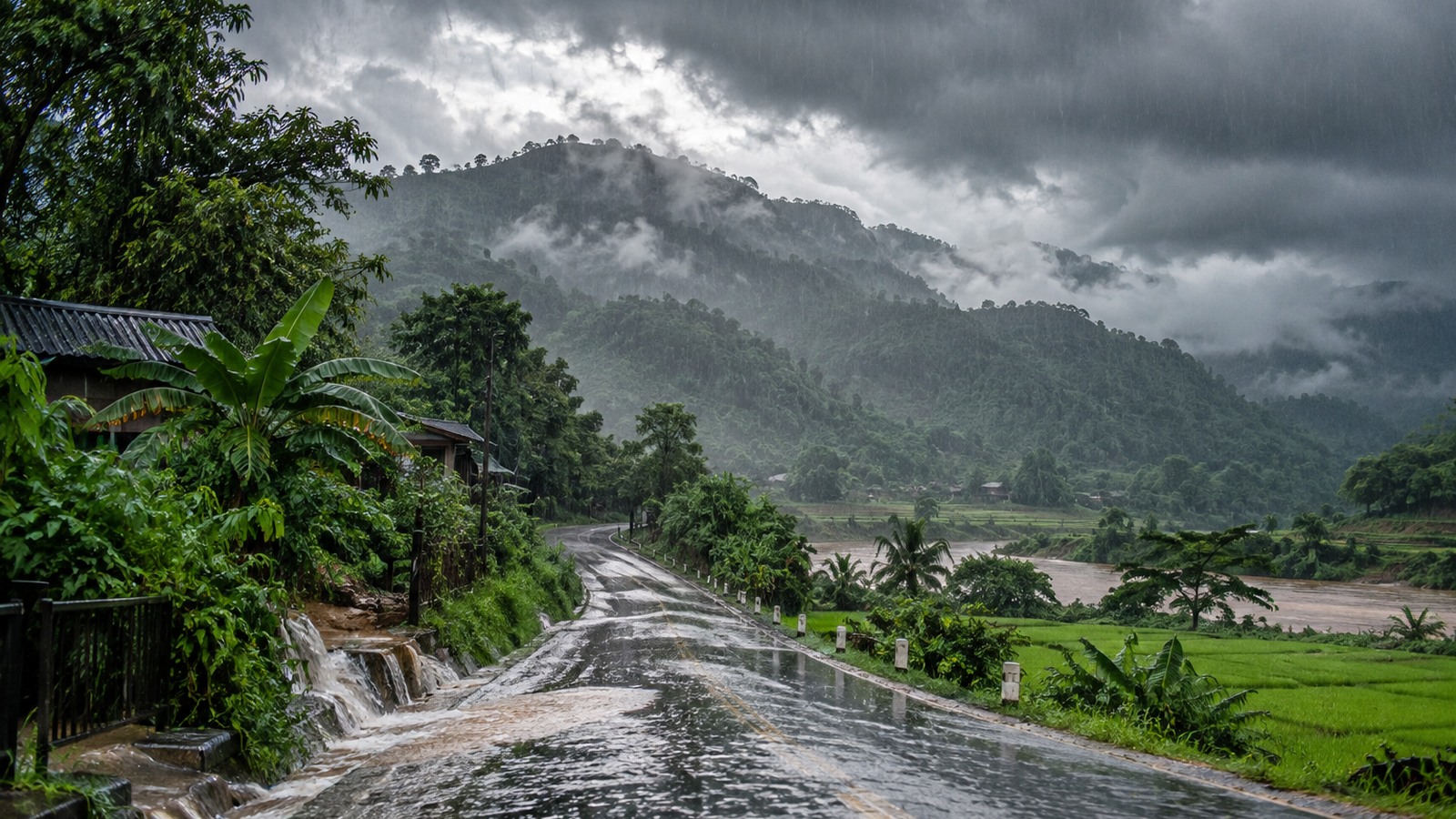 Heavy tropical rain over a mountainous landscape in Vietnam