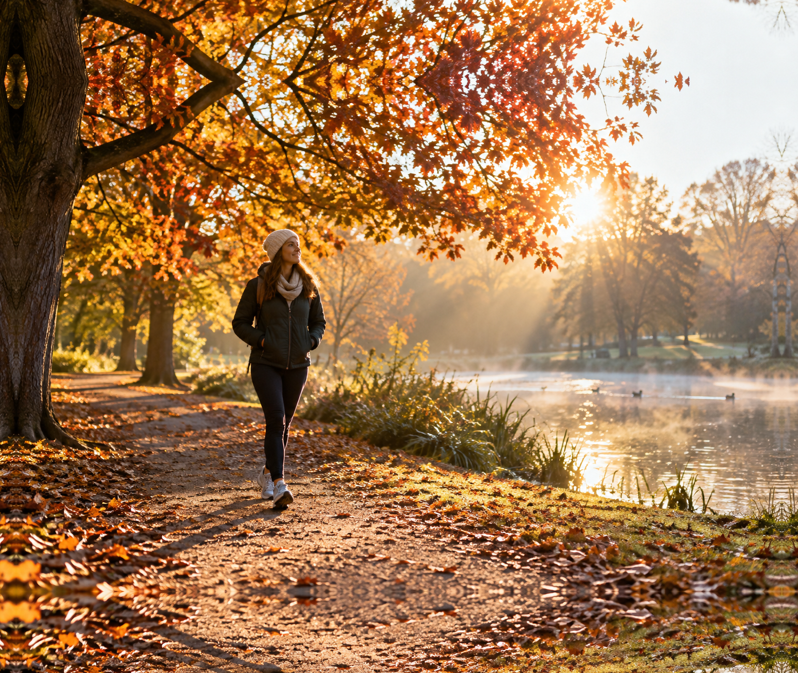Traveller walking beside a sunlit park lake with autumn trees during the morning, illustrative image