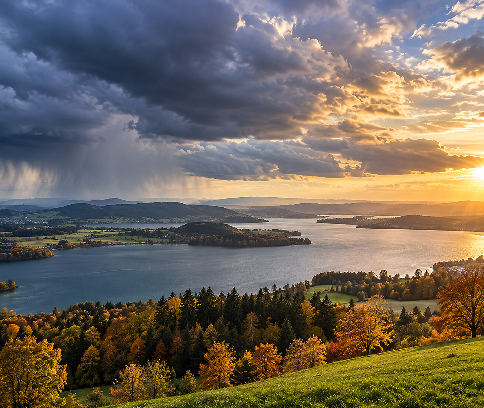 European autumn landscape with heavy showers to the west and sunshine breaking through to the east