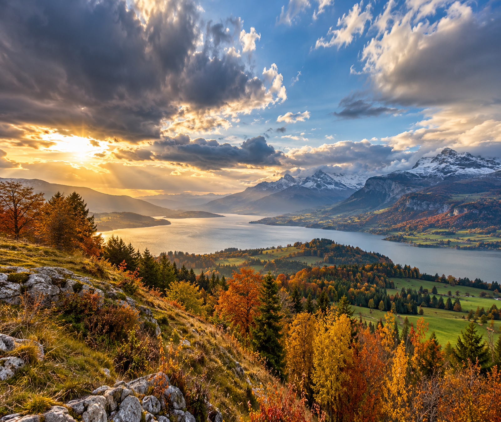 European autumn landscape with alpine lake, changing clouds and warm sunlight
