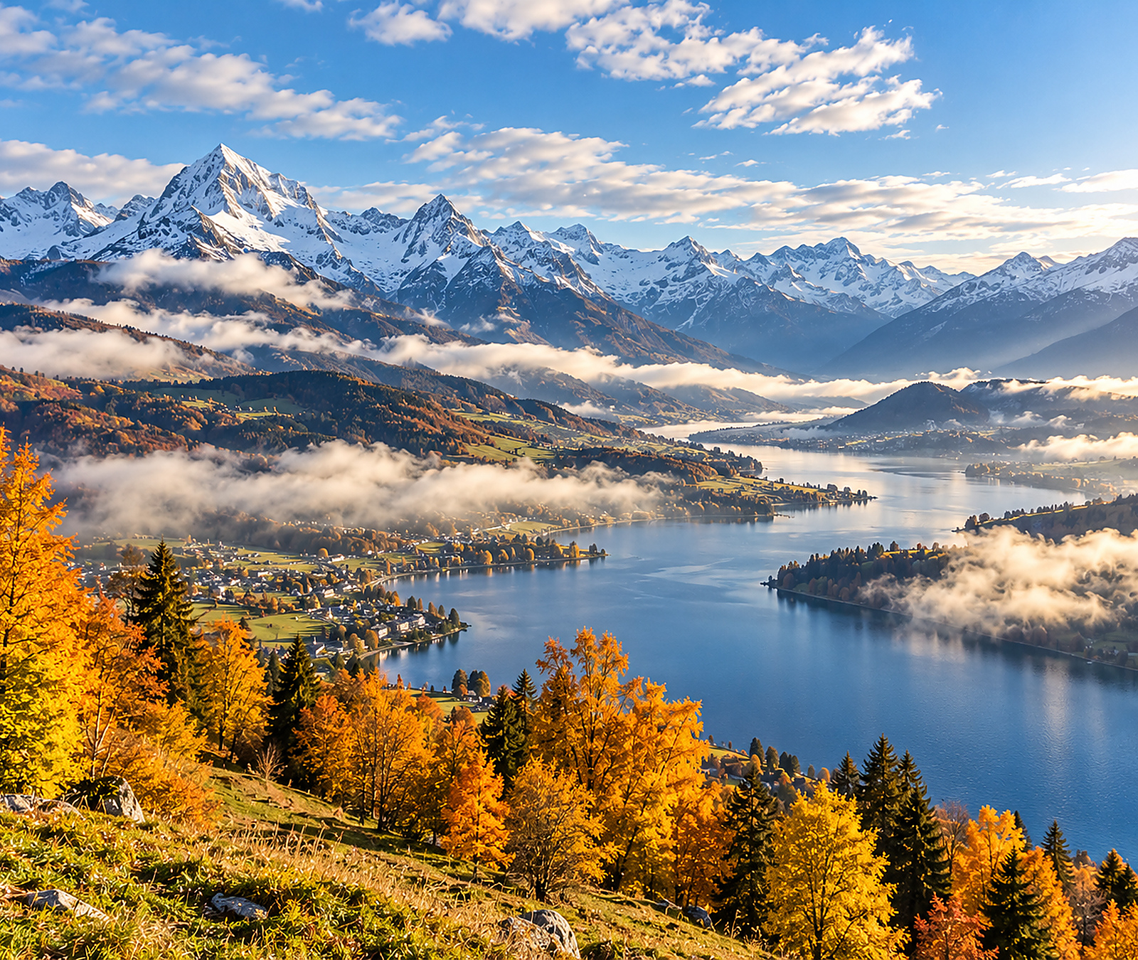 Early October European alpine landscape with sunshine, autumn colours and low cloud in the valleys